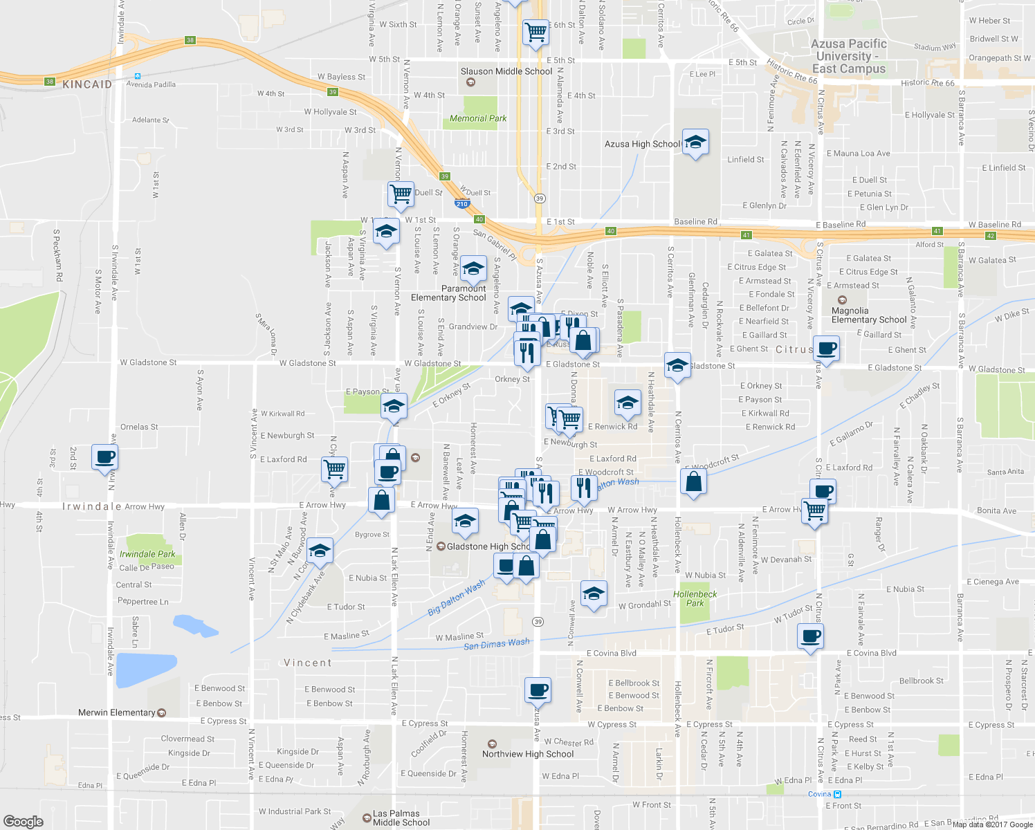 map of restaurants, bars, coffee shops, grocery stores, and more near 156 Cindy Lou Court in Azusa
