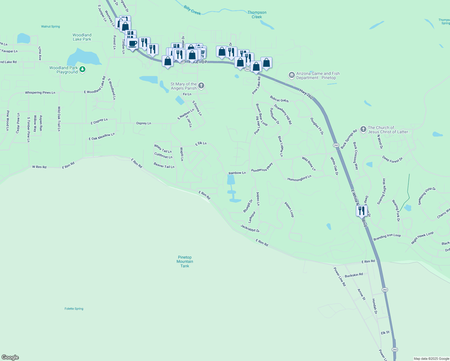 map of restaurants, bars, coffee shops, grocery stores, and more near 3140 Rainbow Lane in Pinetop-Lakeside