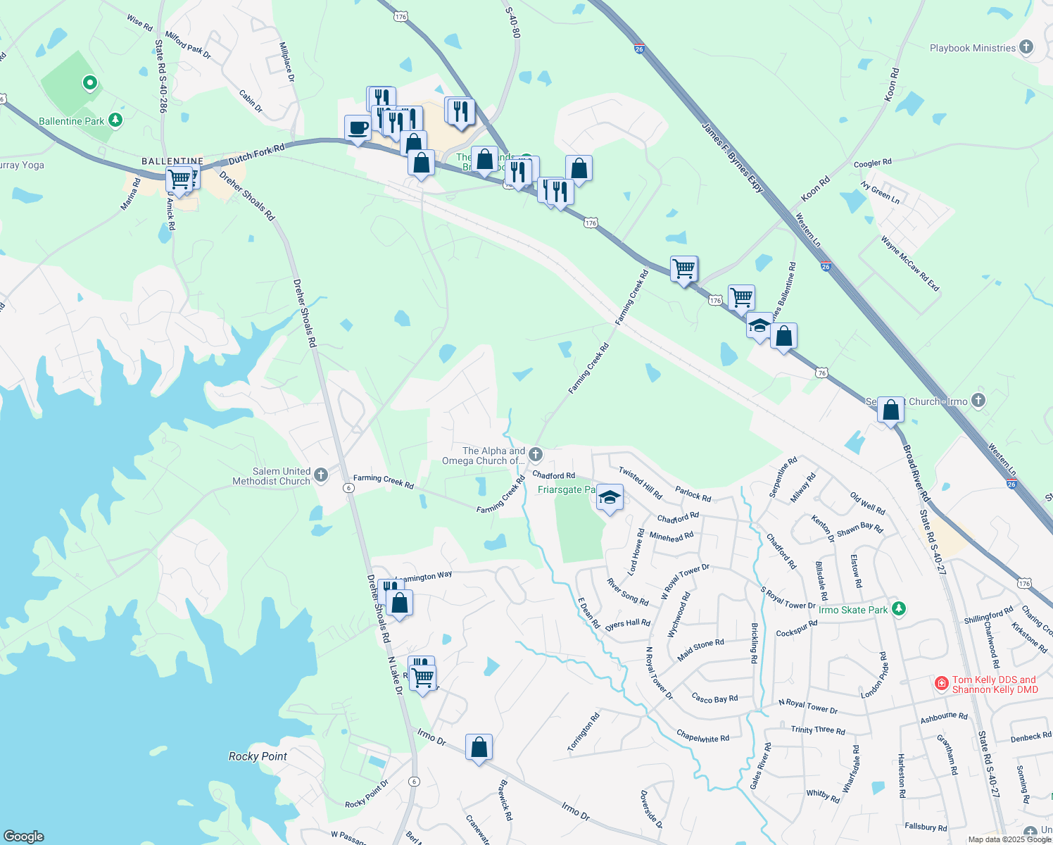 map of restaurants, bars, coffee shops, grocery stores, and more near 1200 Farming Creek Rd in Irmo