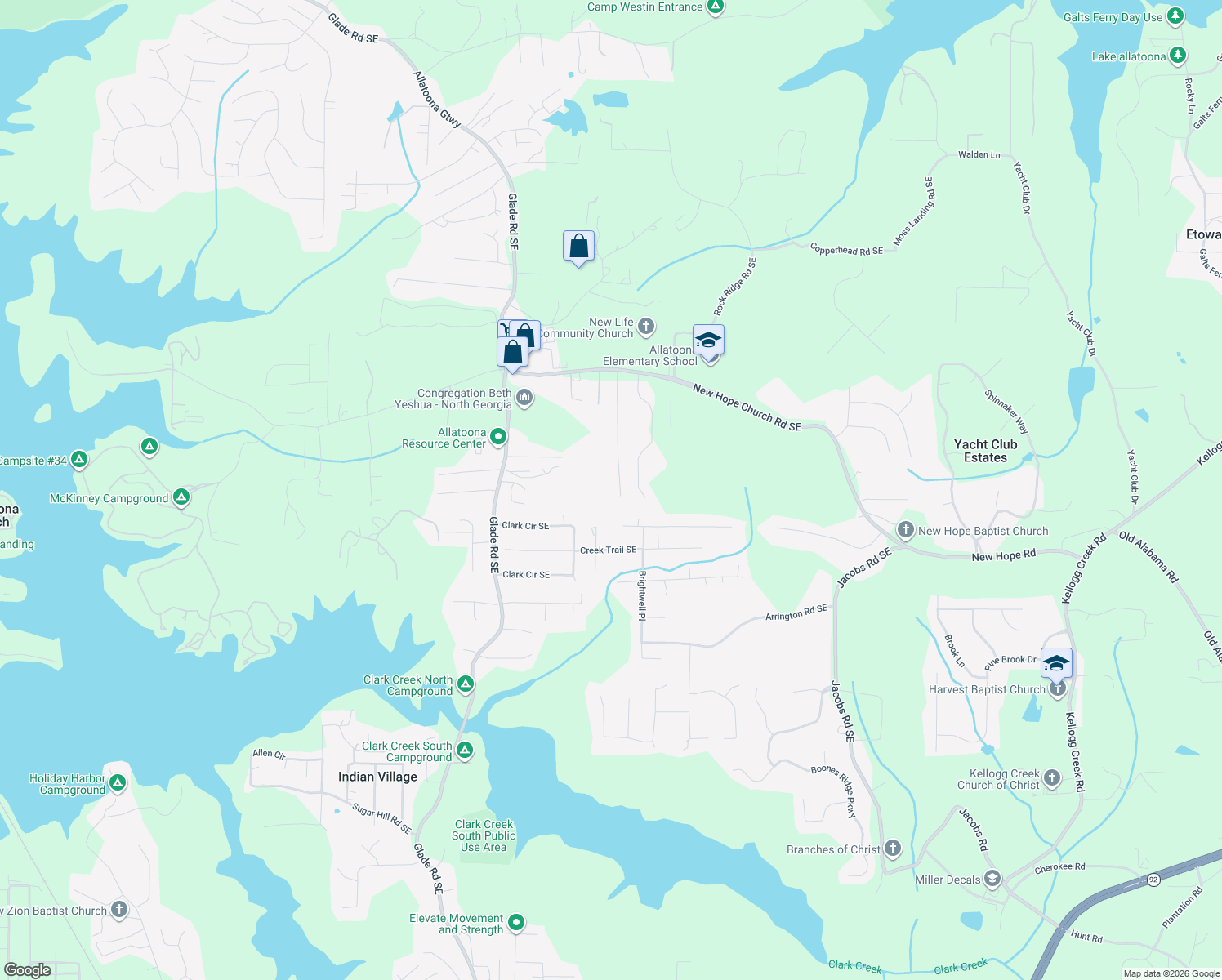 map of restaurants, bars, coffee shops, grocery stores, and more near 6619 Oak Farm Drive Southeast in Acworth