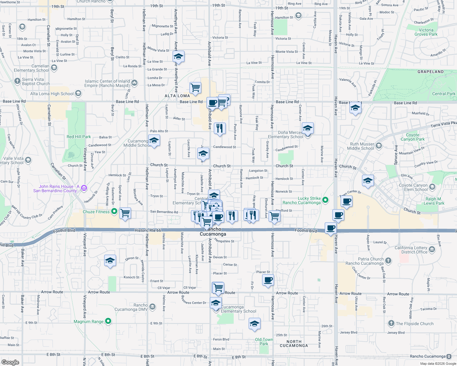 map of restaurants, bars, coffee shops, grocery stores, and more near 9809 Louise Way in Rancho Cucamonga