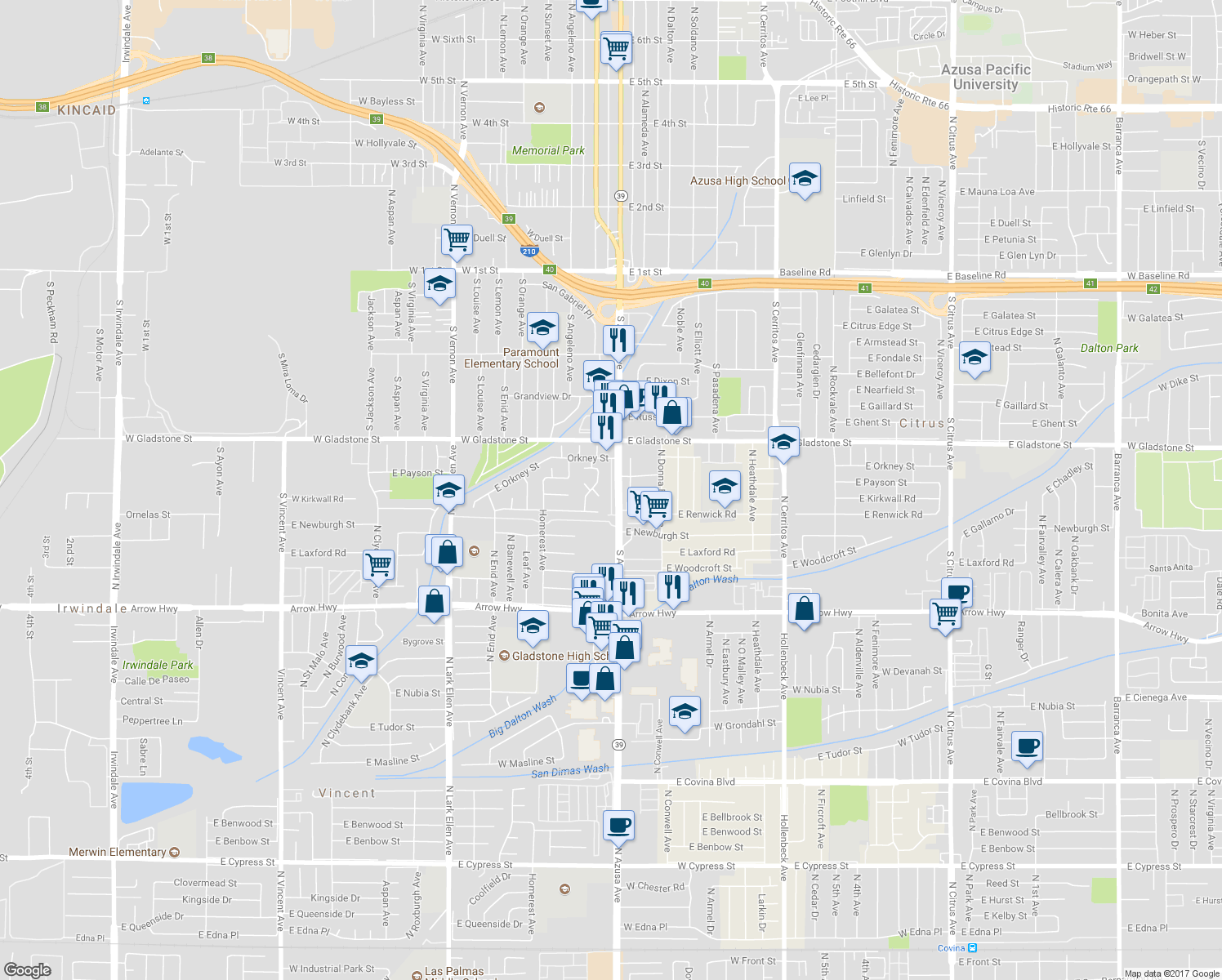 map of restaurants, bars, coffee shops, grocery stores, and more near 600-648 South Azusa Avenue in Azusa