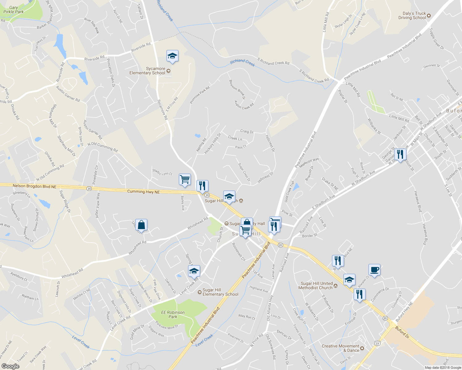 map of restaurants, bars, coffee shops, grocery stores, and more near 1255 Hillcrest Glenn Circle in Sugar Hill