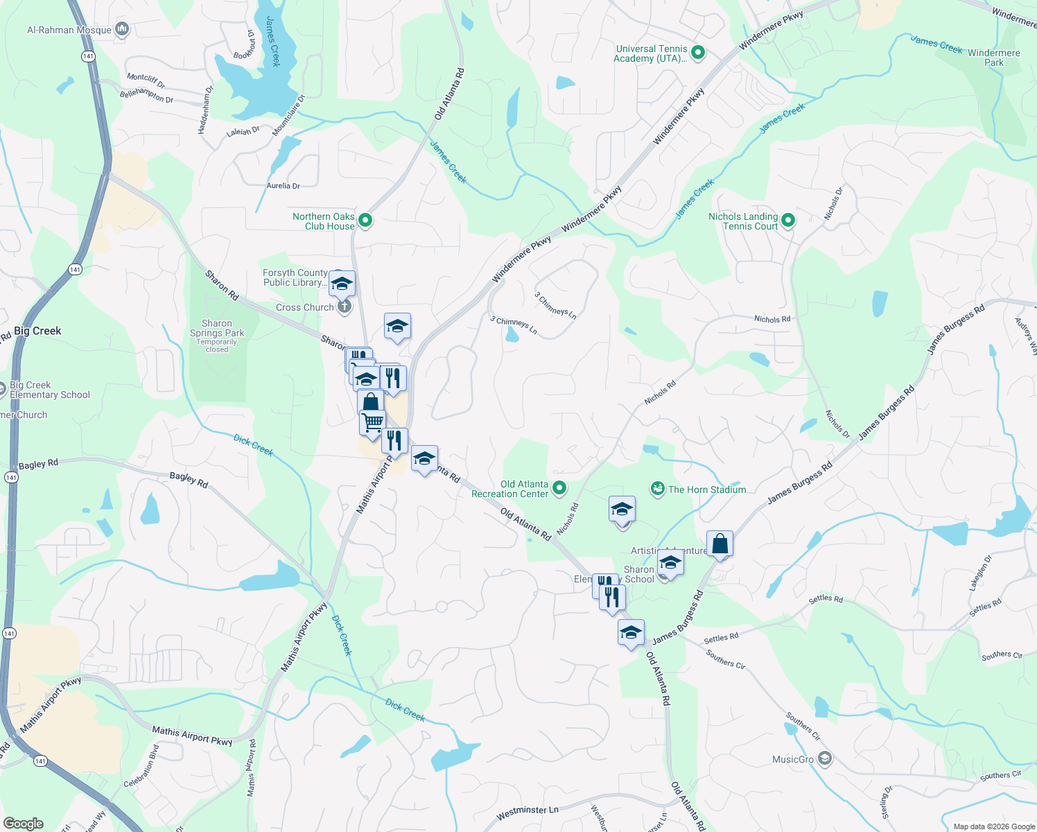map of restaurants, bars, coffee shops, grocery stores, and more near 4025 Homestead Ridge Dr in Cumming