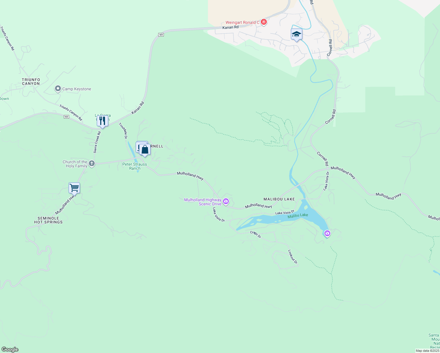 map of restaurants, bars, coffee shops, grocery stores, and more near 29575 Mulholland Highway in Agoura Hills