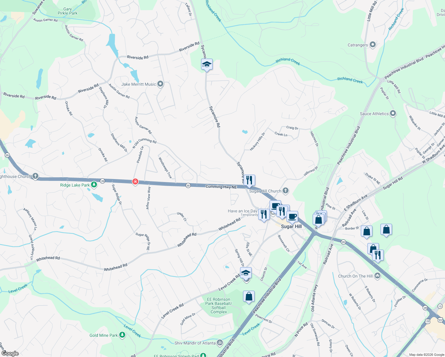 map of restaurants, bars, coffee shops, grocery stores, and more near 1080 North Old Cumming Road in Sugar Hill