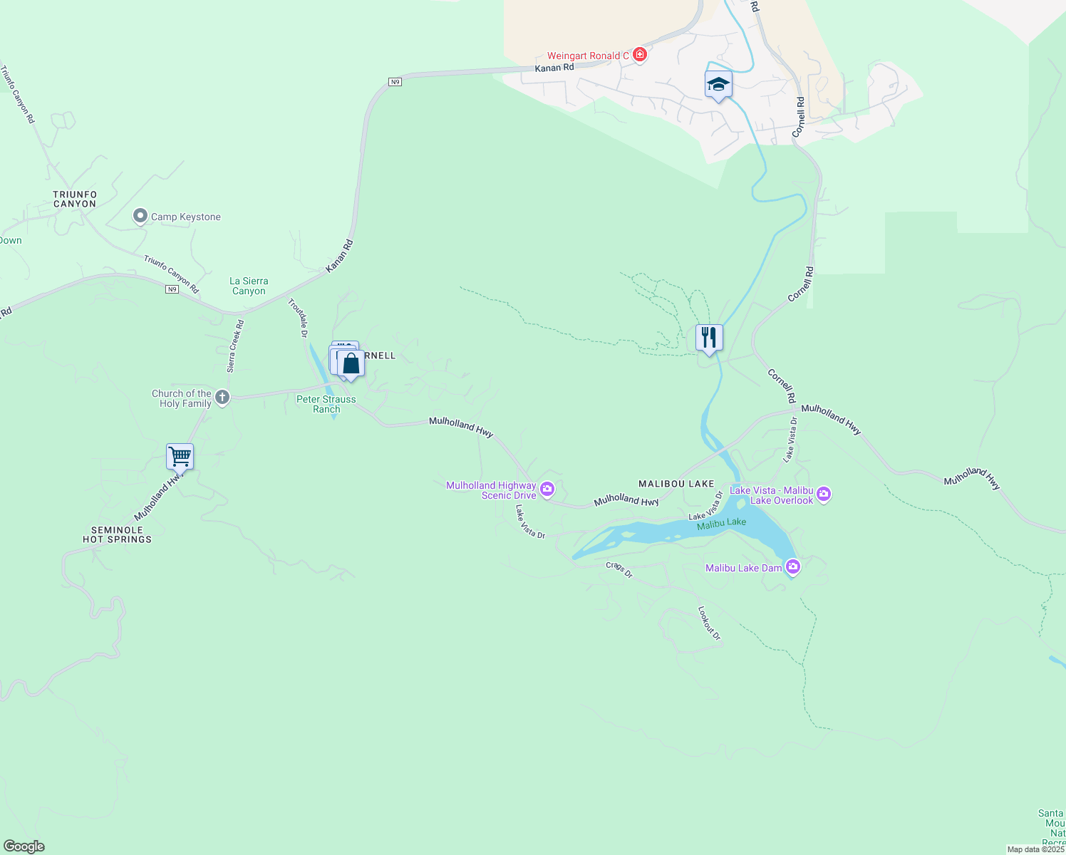 map of restaurants, bars, coffee shops, grocery stores, and more near 29575 Mulholland Highway in Agoura Hills