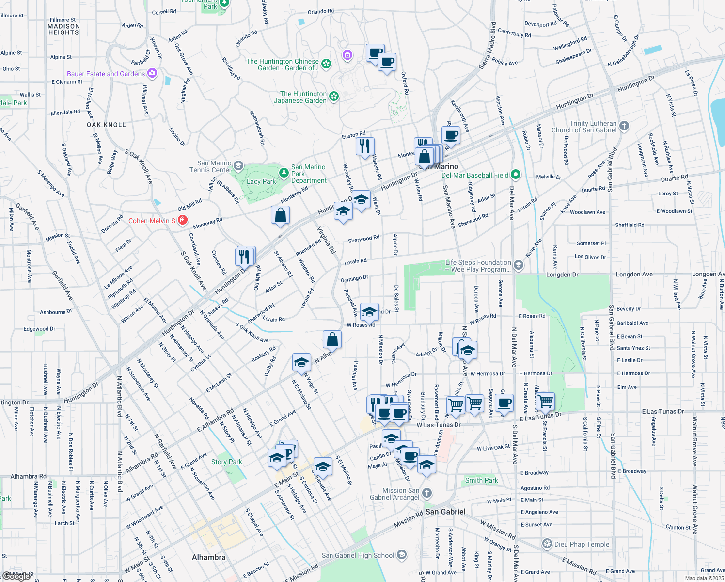 map of restaurants, bars, coffee shops, grocery stores, and more near 606 Magnolia Drive in San Gabriel