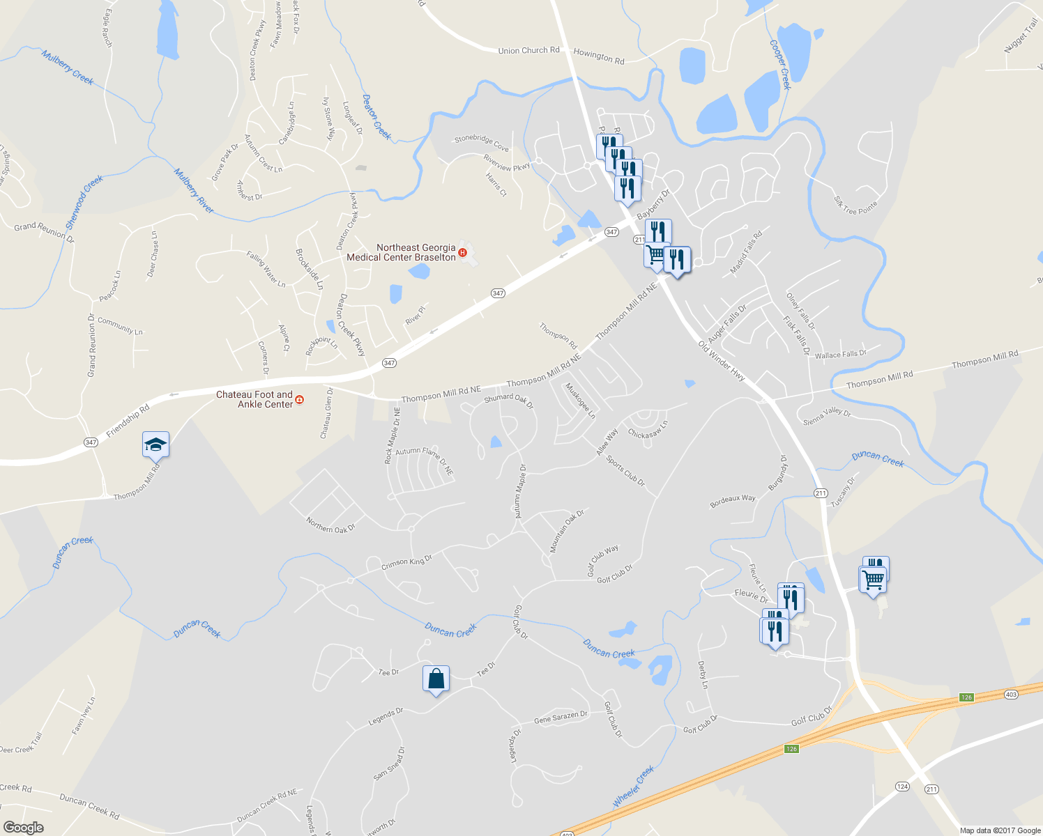 map of restaurants, bars, coffee shops, grocery stores, and more near 2535 Scarlet Oak Lane in Braselton