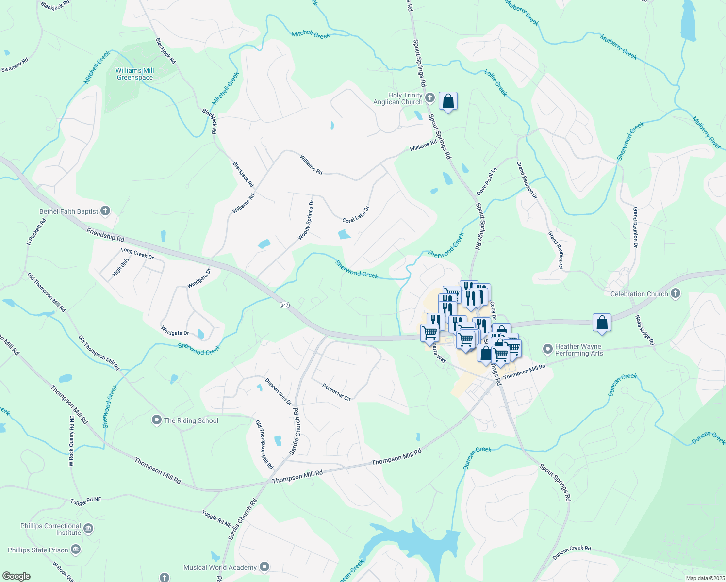 map of restaurants, bars, coffee shops, grocery stores, and more near 2323 Council Lane in Buford