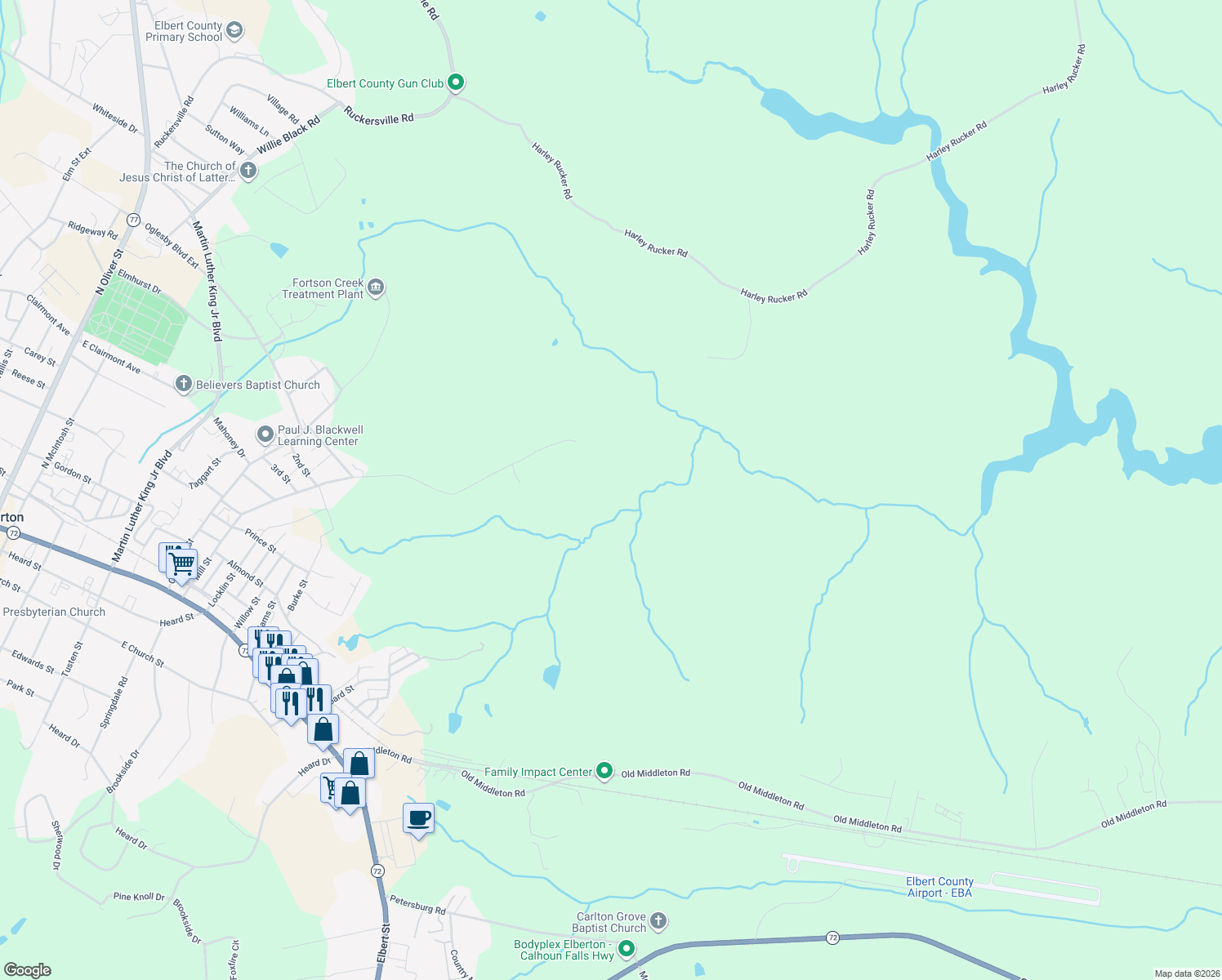 map of restaurants, bars, coffee shops, grocery stores, and more near Unnamed Road in Elberton