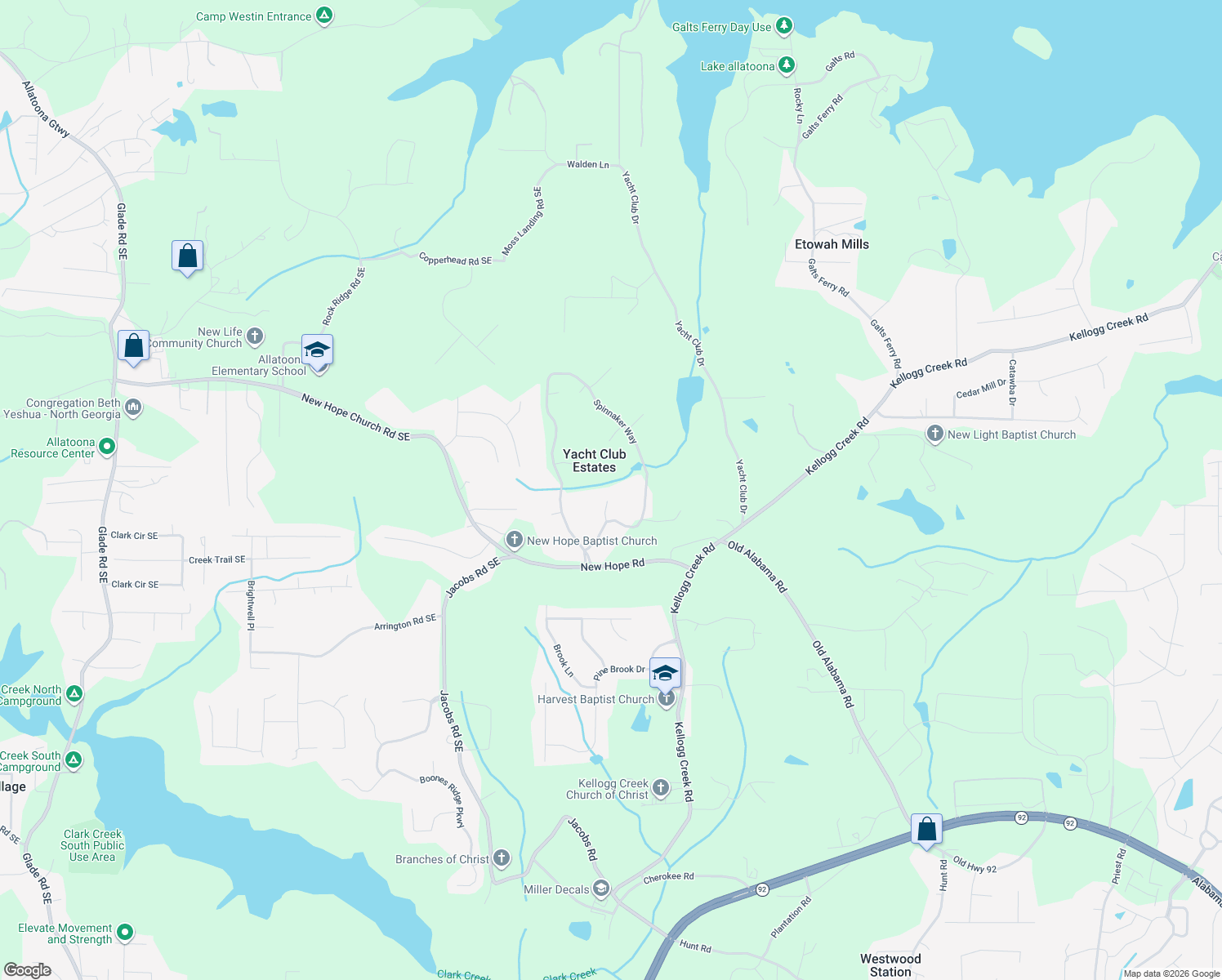 map of restaurants, bars, coffee shops, grocery stores, and more near 3725 Bowline Circle in Acworth