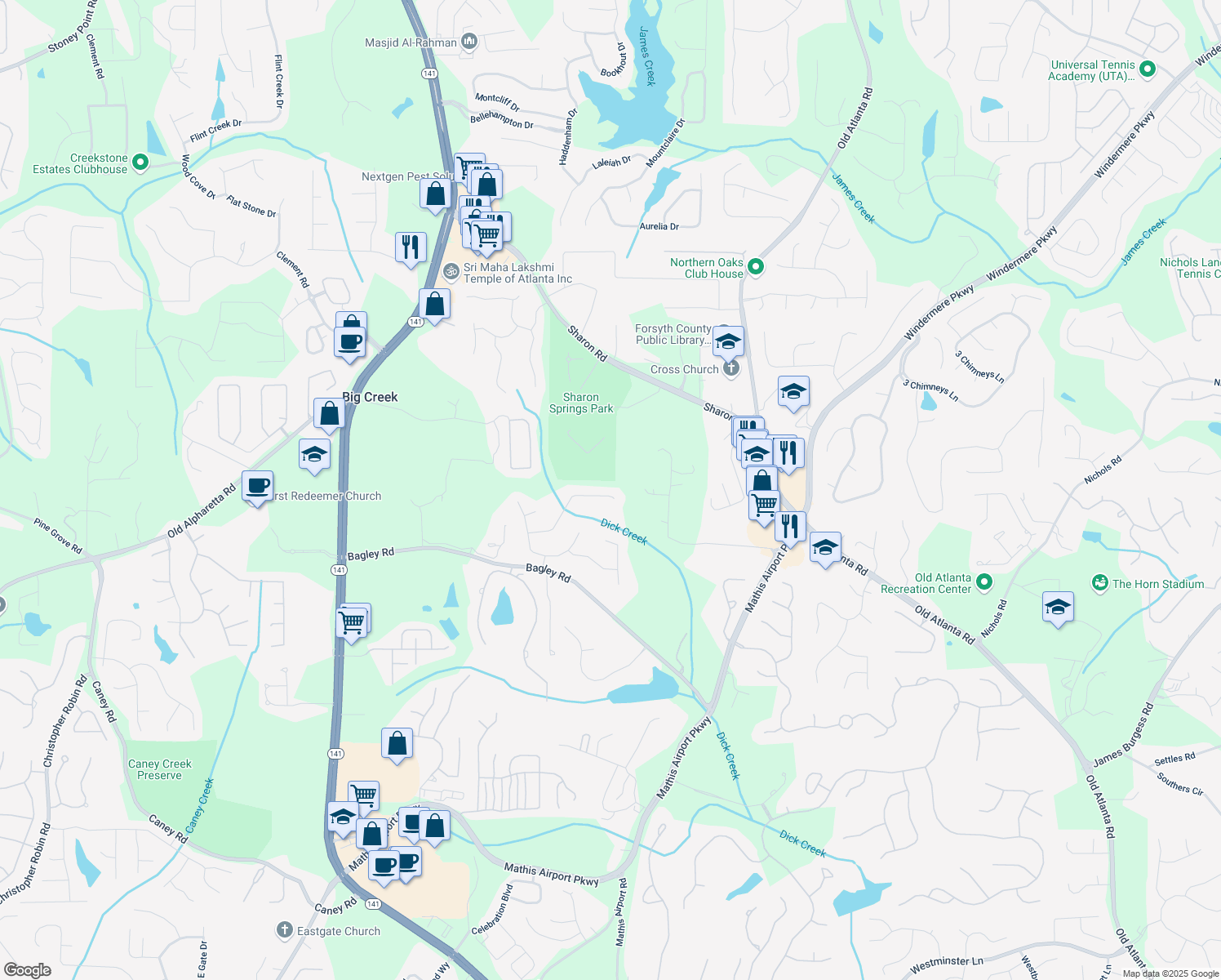 map of restaurants, bars, coffee shops, grocery stores, and more near 2555 Stonevalley Lane in Cumming