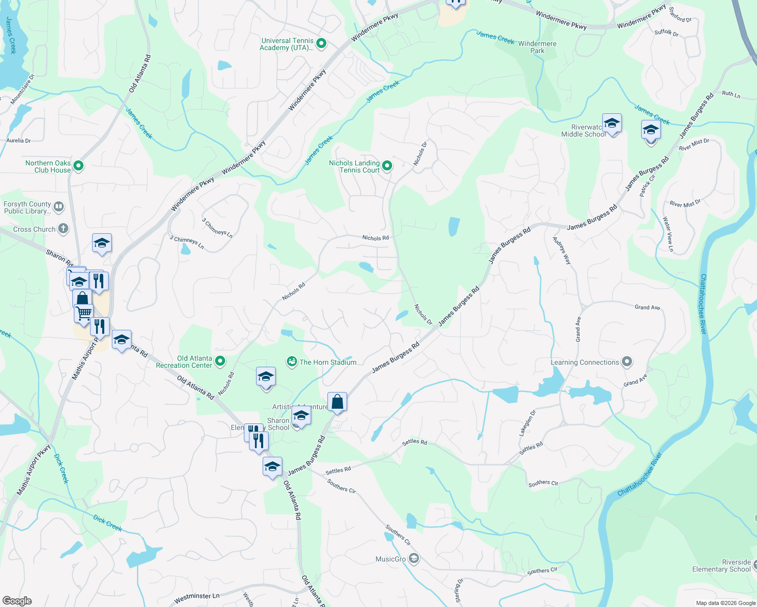 map of restaurants, bars, coffee shops, grocery stores, and more near 1825 Abbie Fetch Court in Suwanee