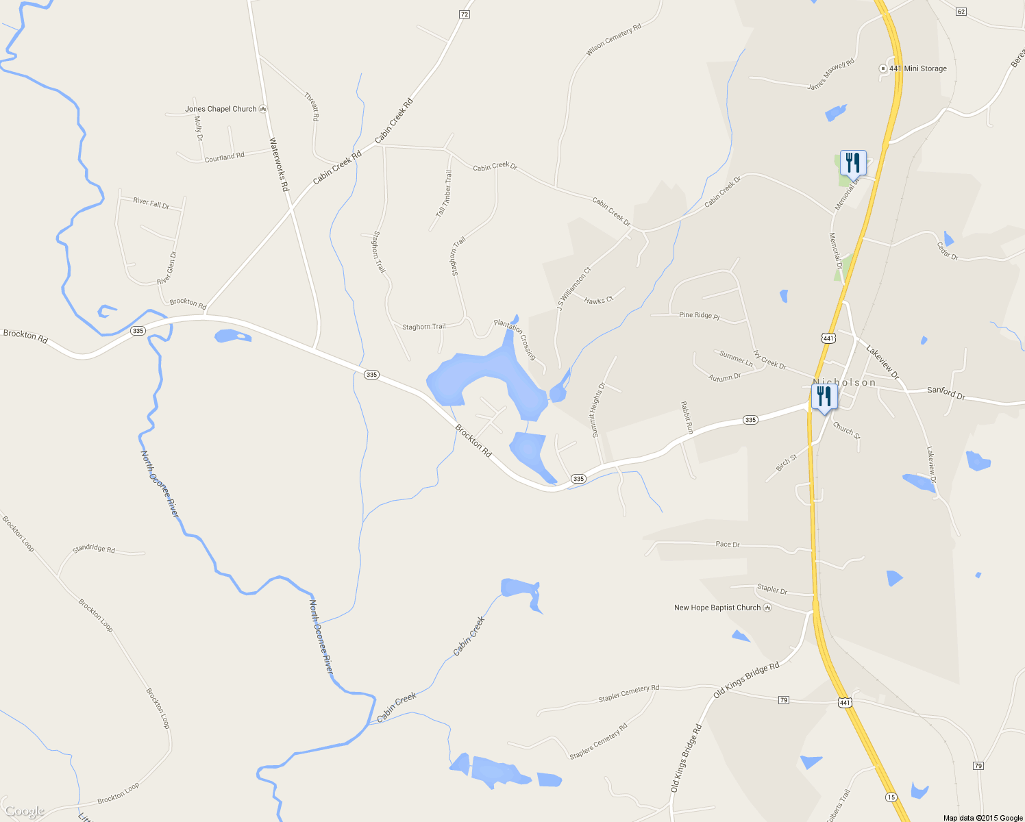 map of restaurants, bars, coffee shops, grocery stores, and more near 176 Waterford Cove in Nicholson