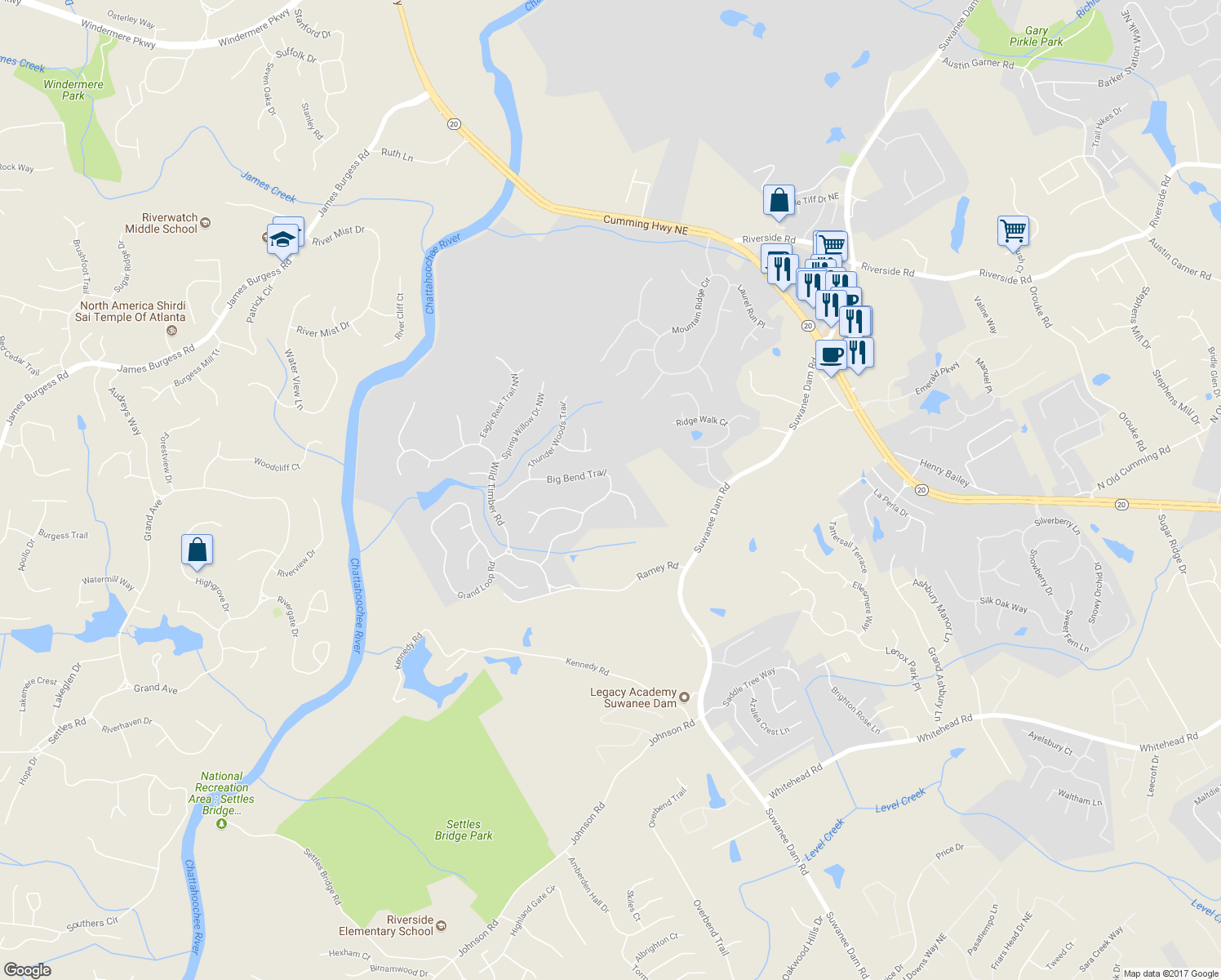 map of restaurants, bars, coffee shops, grocery stores, and more near 590 Big Bend Trail in Sugar Hill