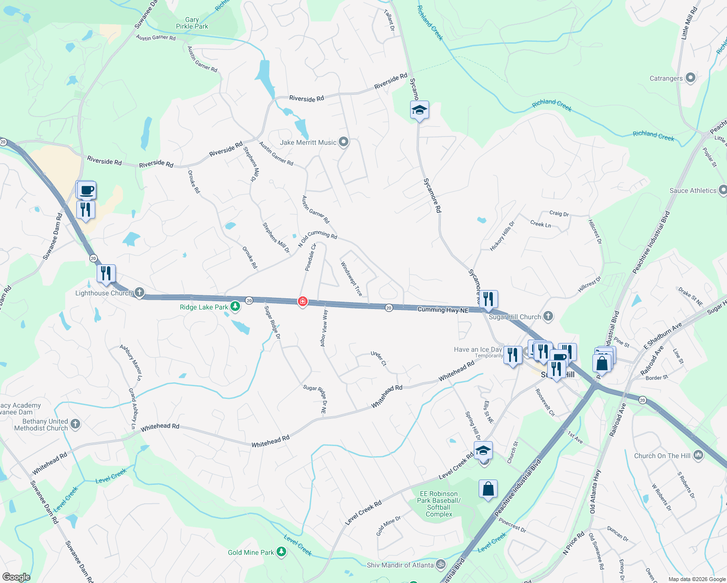 map of restaurants, bars, coffee shops, grocery stores, and more near 930 Garner Spring Lane in Sugar Hill