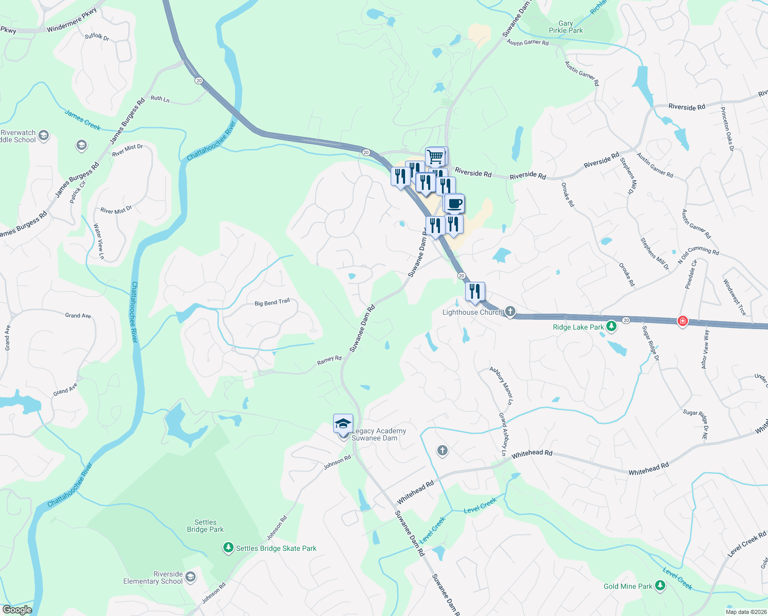 map of restaurants, bars, coffee shops, grocery stores, and more near 5823 Suwanee Dam Rd in Buford