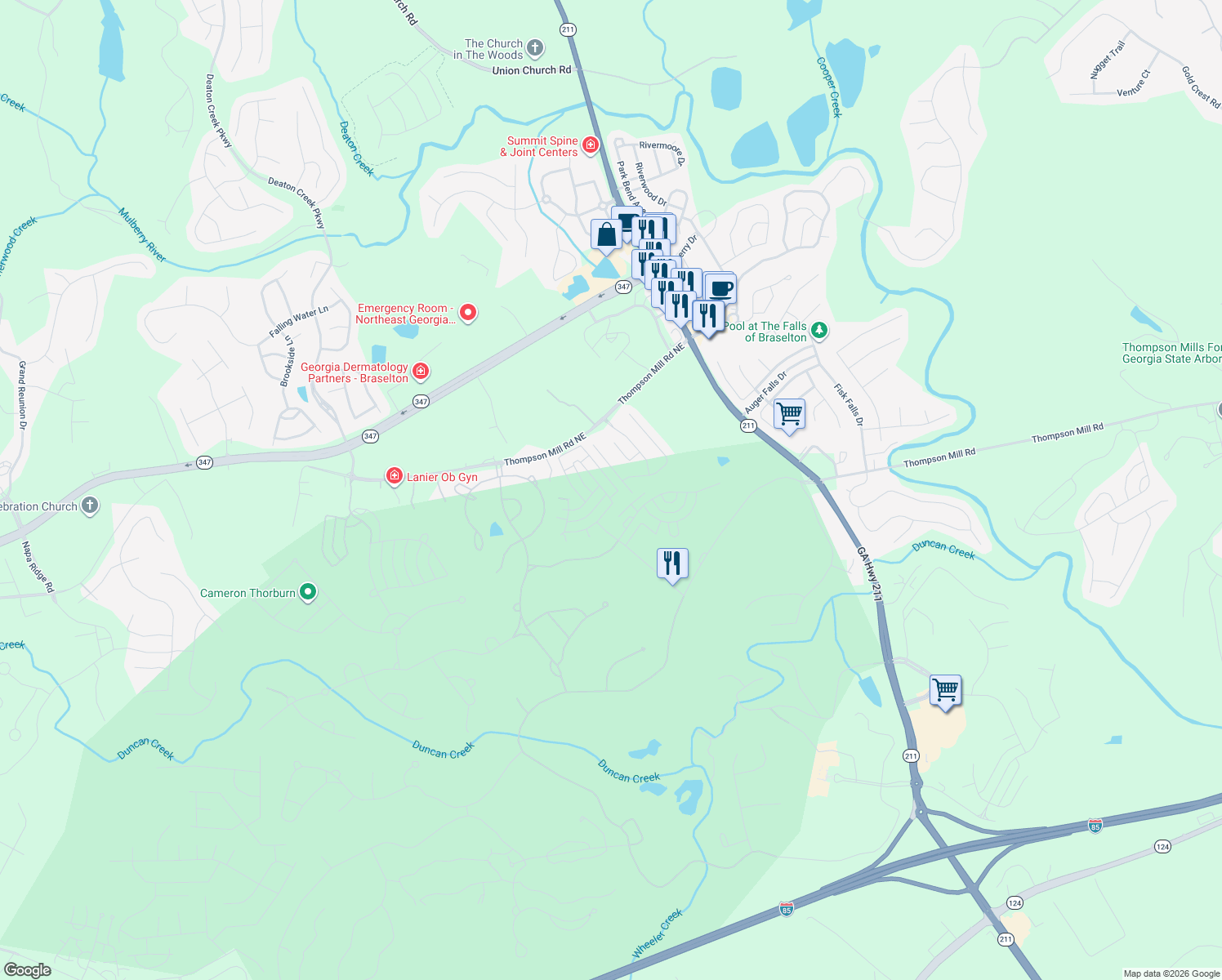map of restaurants, bars, coffee shops, grocery stores, and more near 2550 Muskogee Lane in Braselton