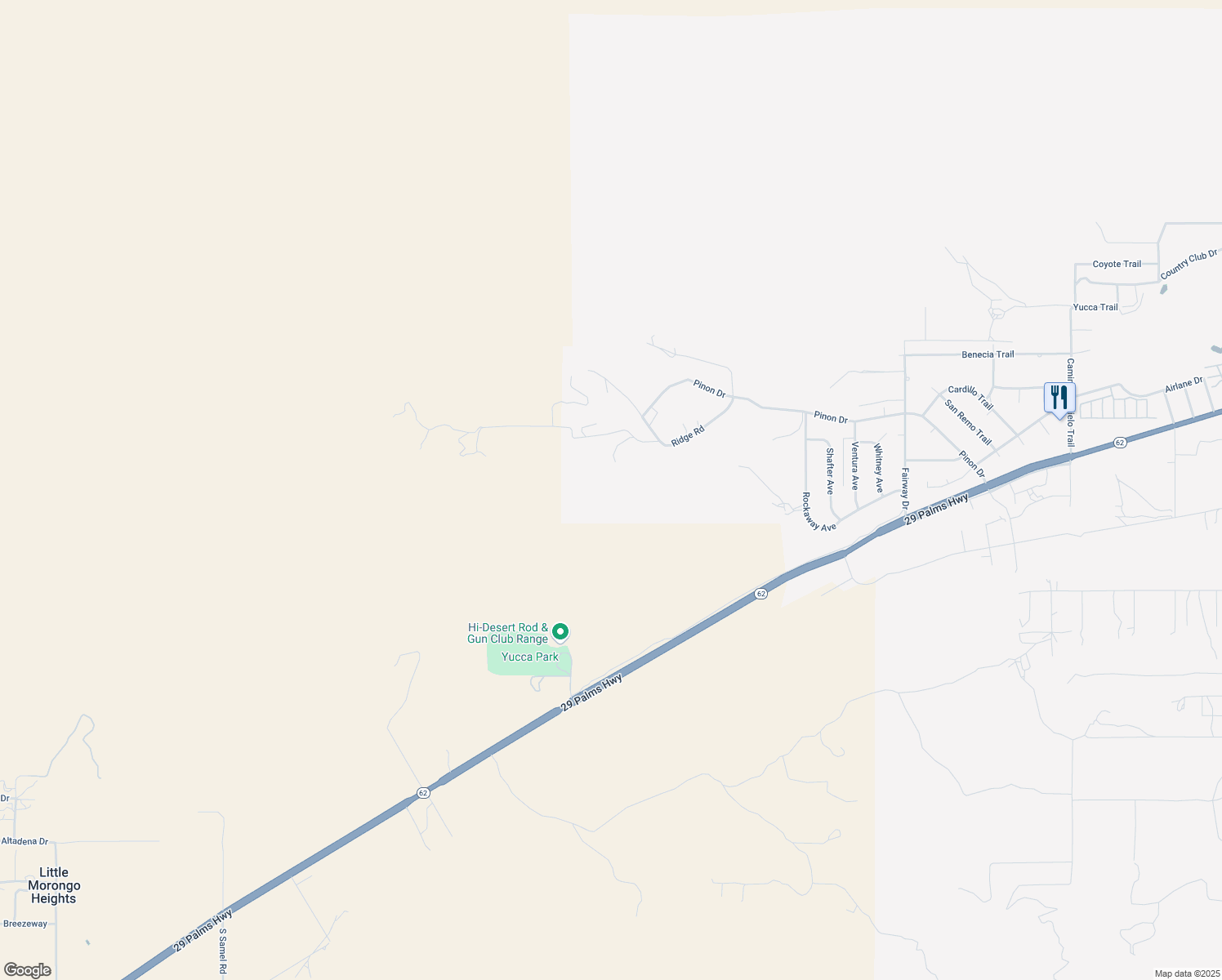 map of restaurants, bars, coffee shops, grocery stores, and more near 53791 Ridge Road in Yucca Valley