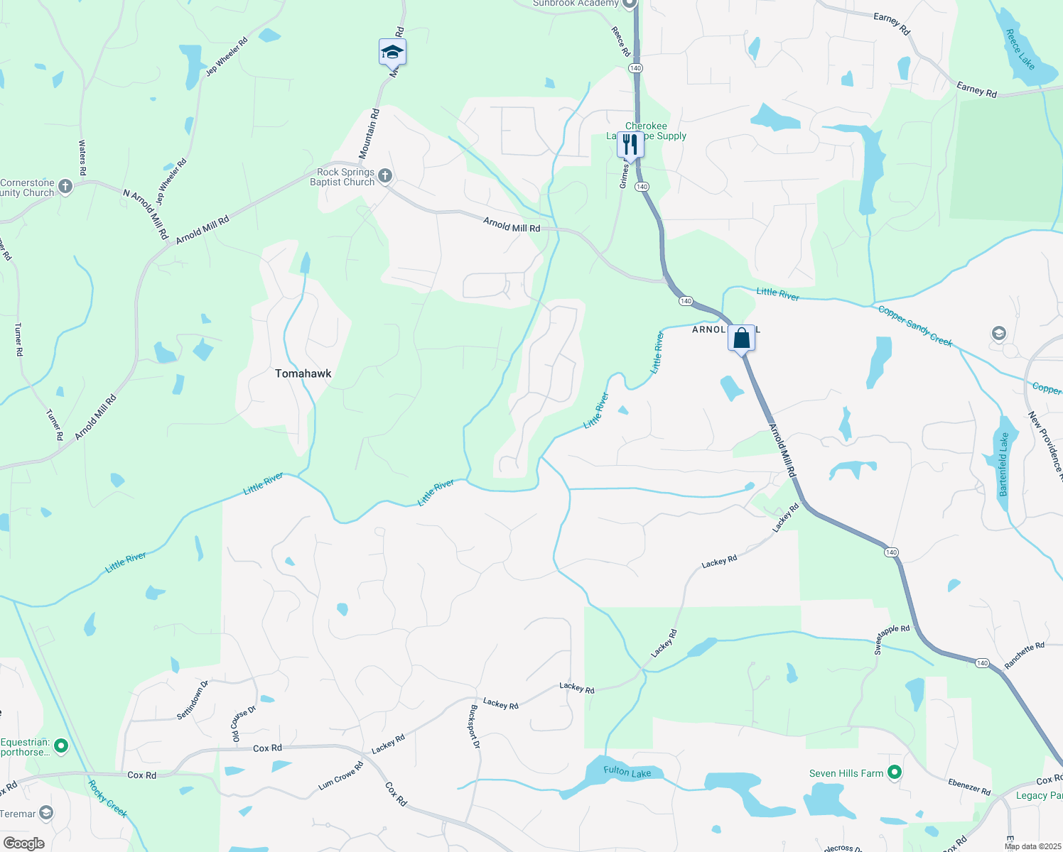 map of restaurants, bars, coffee shops, grocery stores, and more near 589 Devon Brooke Drive in Woodstock