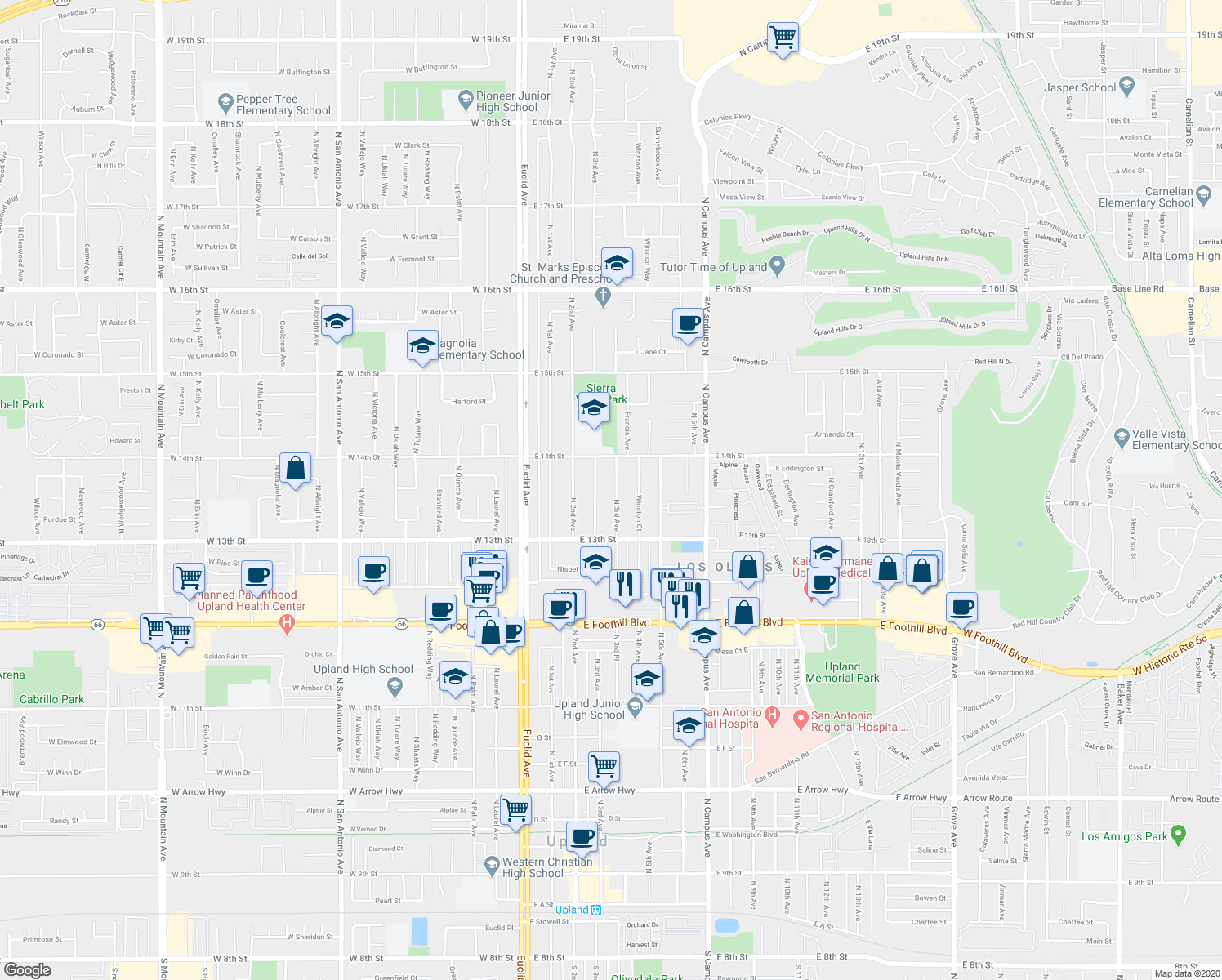 map of restaurants, bars, coffee shops, grocery stores, and more near 1361 North 3rd Avenue in Upland