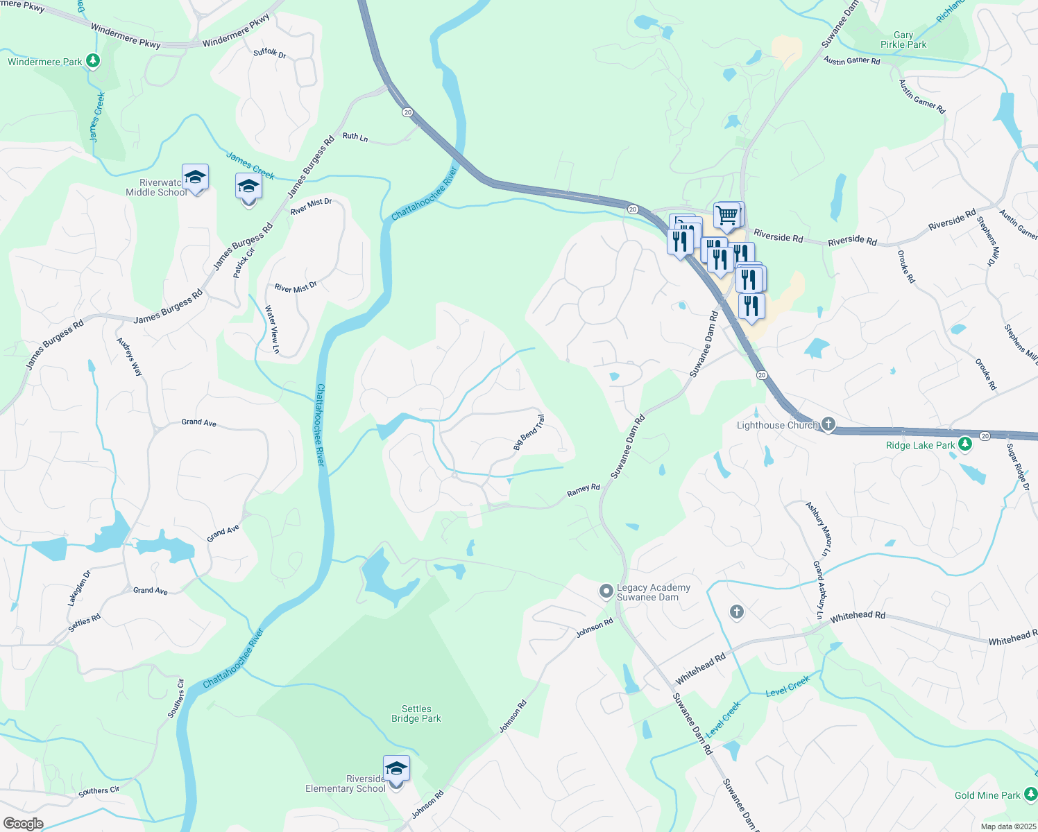 map of restaurants, bars, coffee shops, grocery stores, and more near 445 Big Bend Trail in Sugar Hill