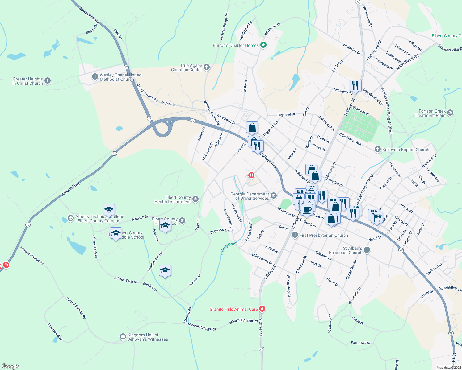 map of restaurants, bars, coffee shops, grocery stores, and more near 131 Brookwood Circle in Elberton