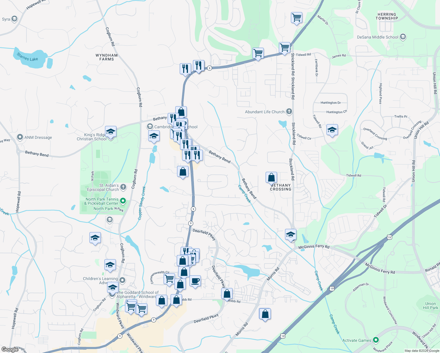 map of restaurants, bars, coffee shops, grocery stores, and more near 13575 Weycroft Circle in Alpharetta