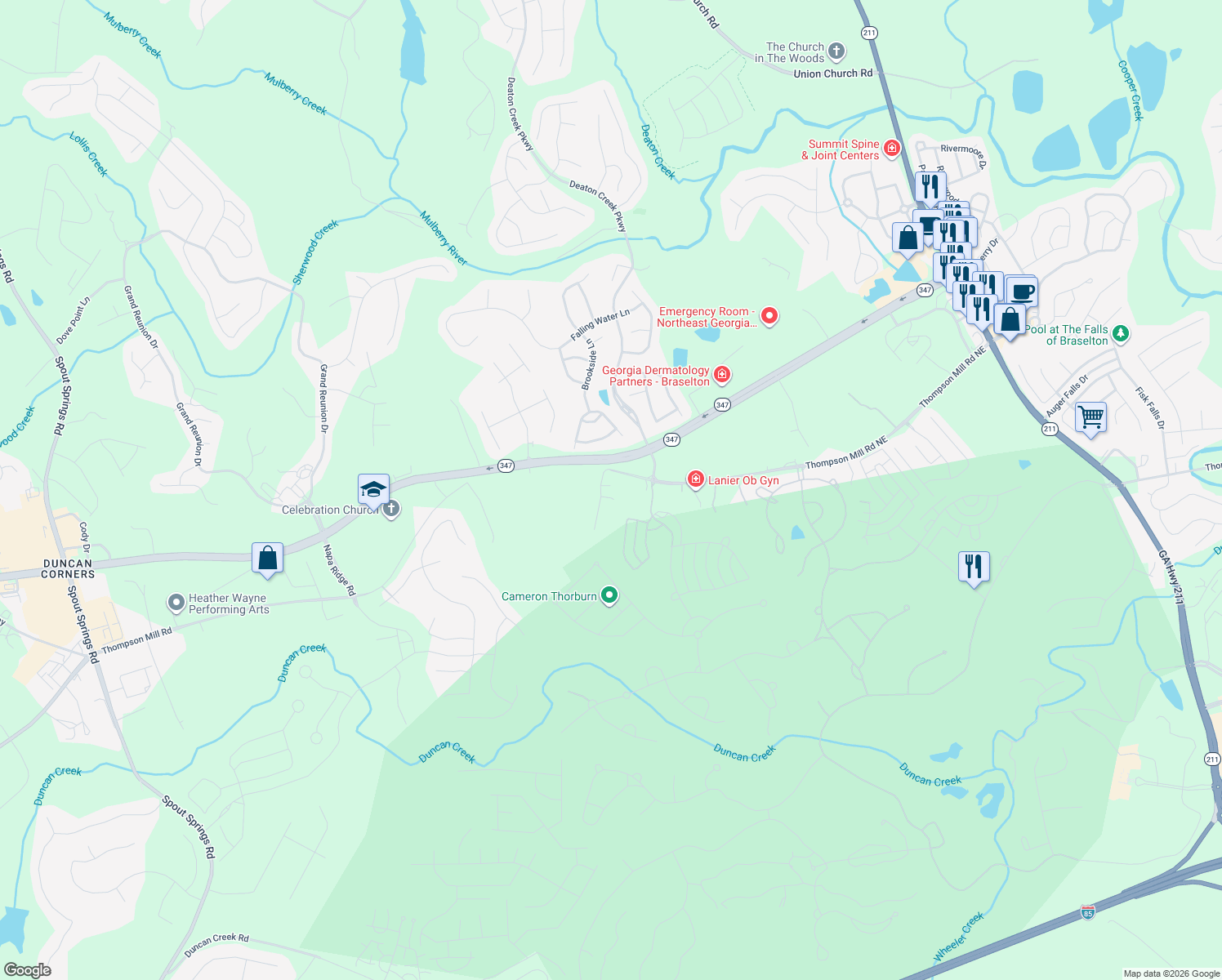 map of restaurants, bars, coffee shops, grocery stores, and more near 5757 Chateau Glen Dr in Hoschton