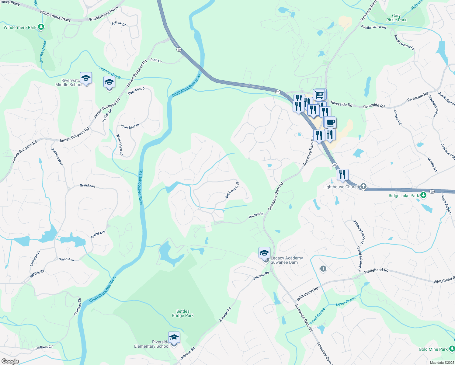 map of restaurants, bars, coffee shops, grocery stores, and more near 445 Big Bend Trail in Sugar Hill