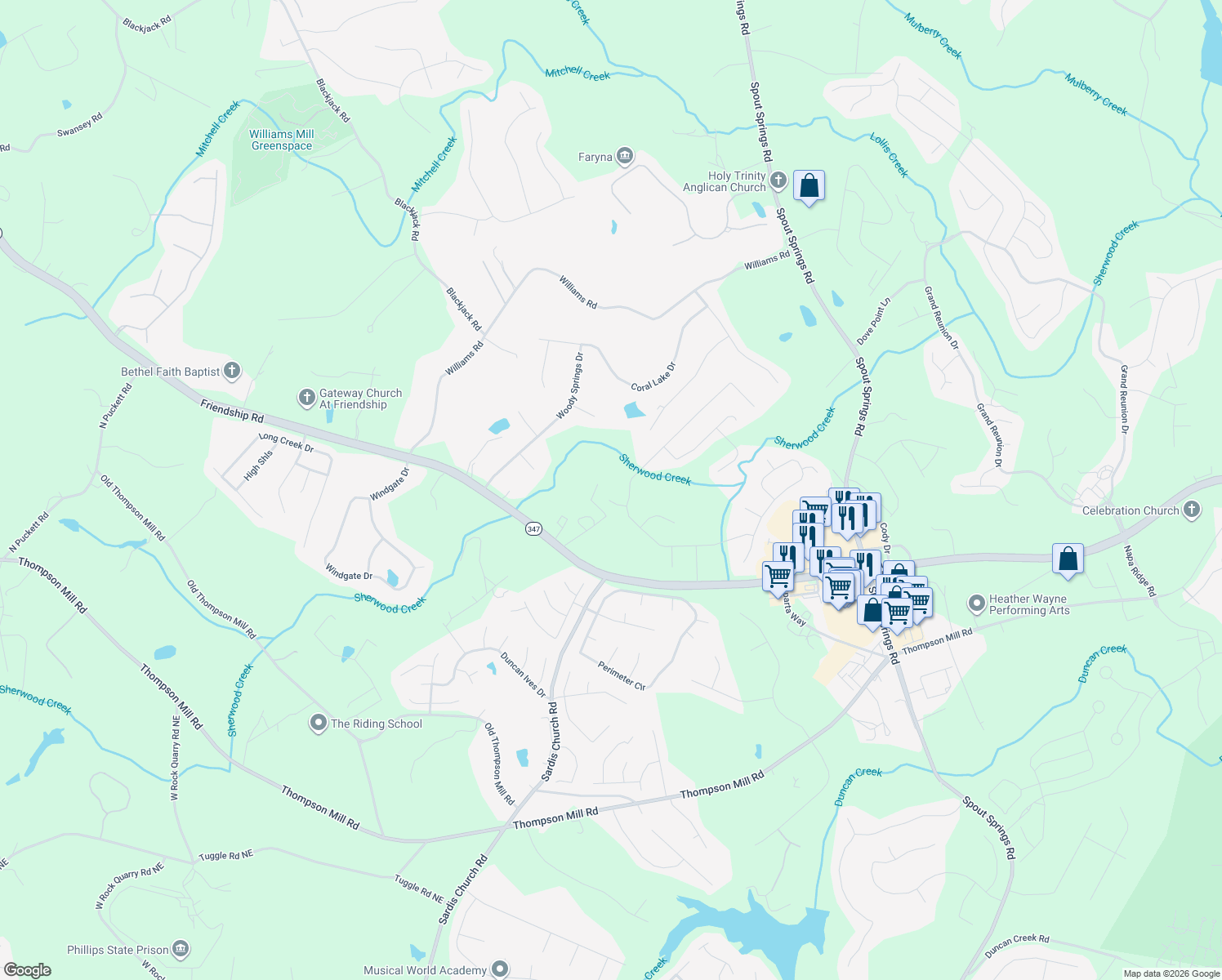map of restaurants, bars, coffee shops, grocery stores, and more near 2242 Governor Way in Buford