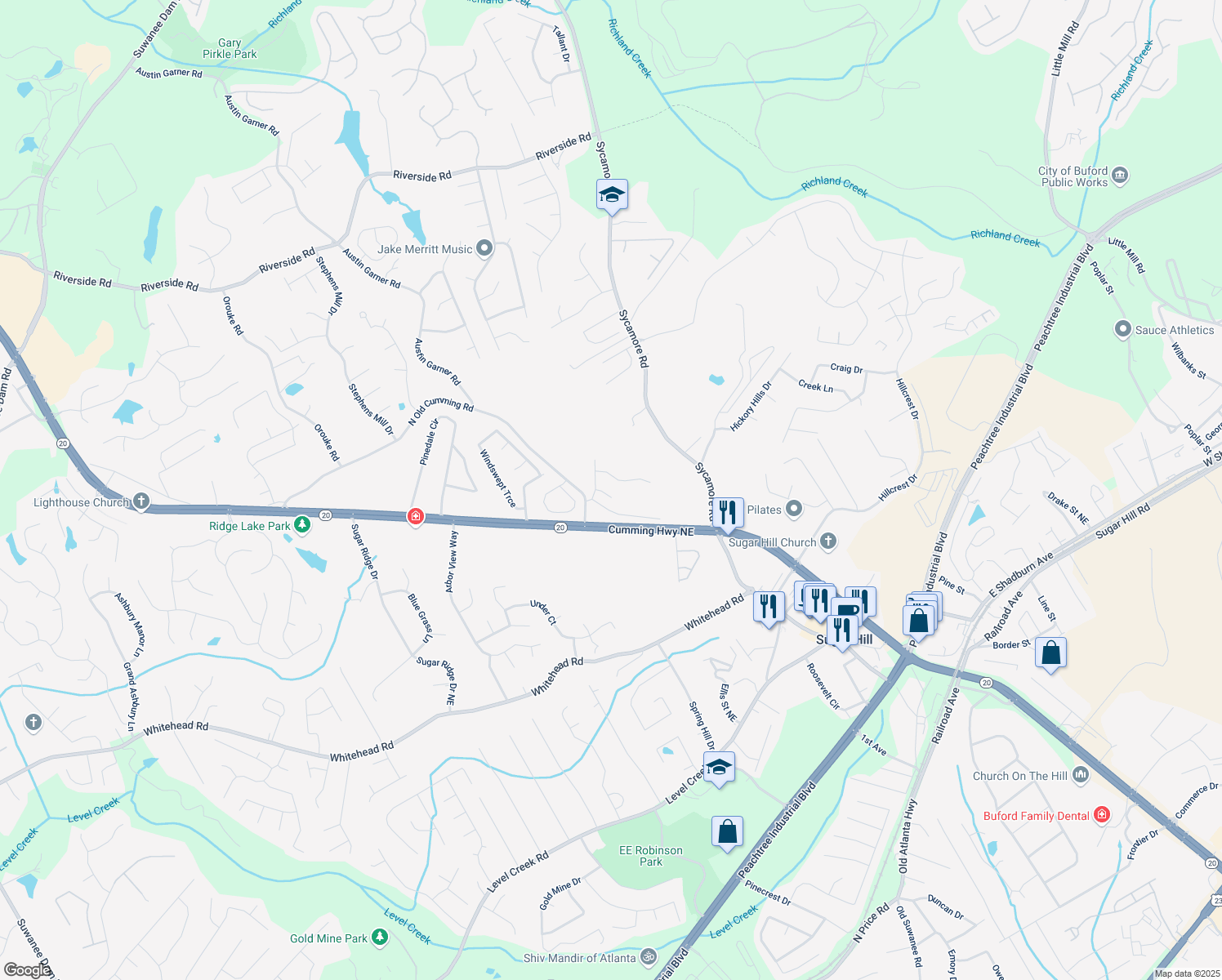 map of restaurants, bars, coffee shops, grocery stores, and more near 1010 J Dorothy Place in Sugar Hill