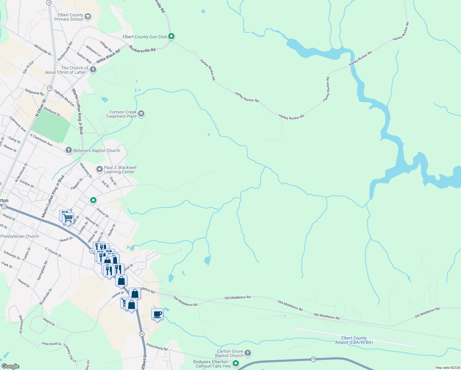 map of restaurants, bars, coffee shops, grocery stores, and more near Unnamed Road in Elberton