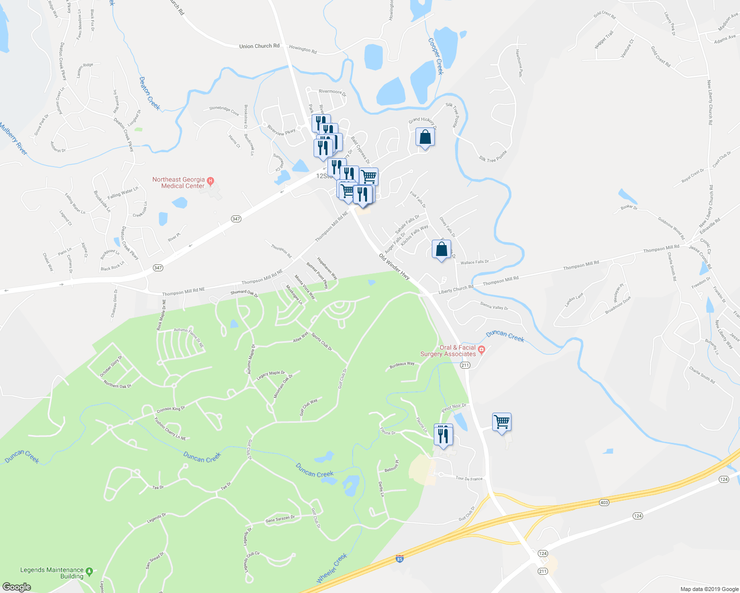 map of restaurants, bars, coffee shops, grocery stores, and more near 6017 Allee Way in Braselton