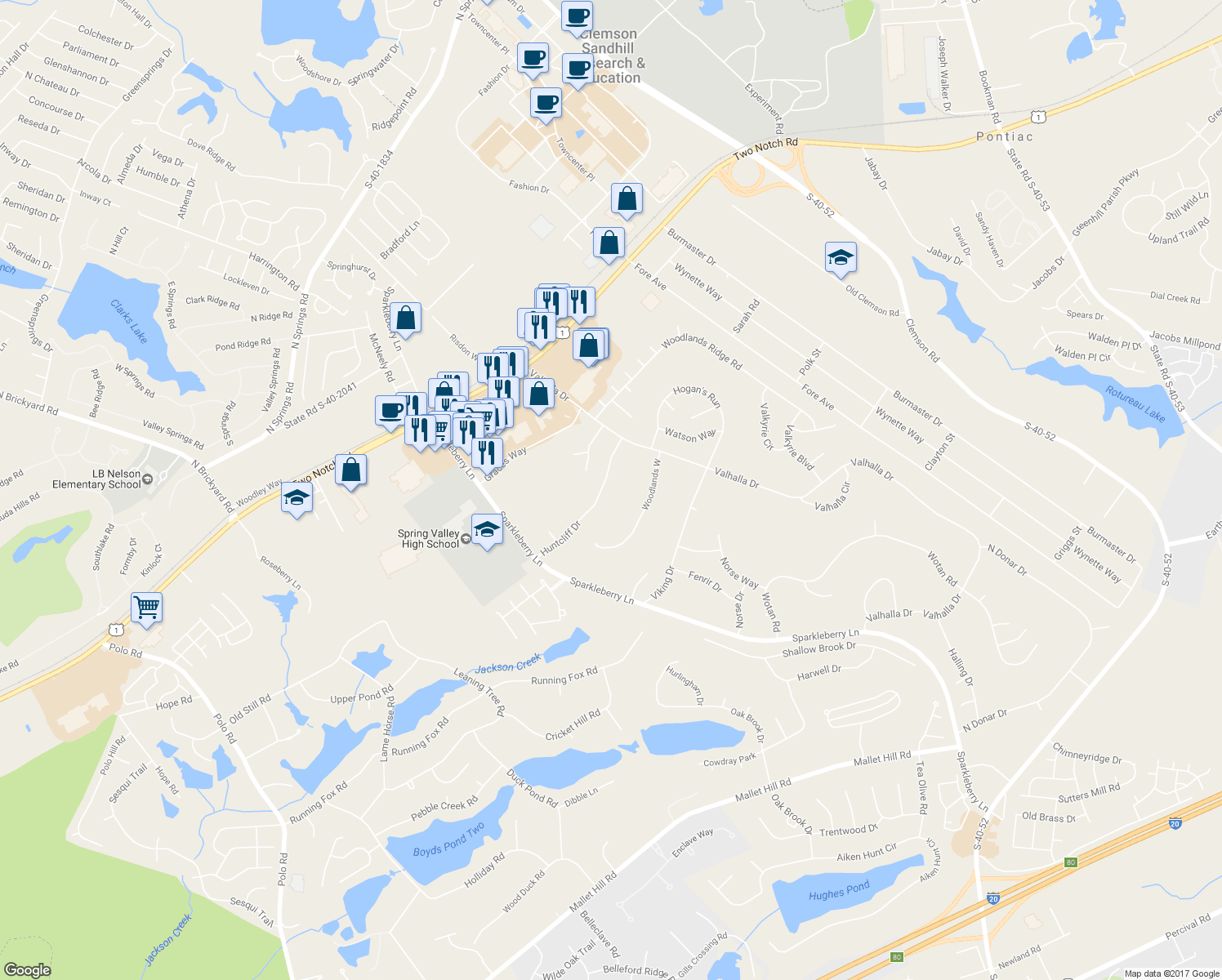map of restaurants, bars, coffee shops, grocery stores, and more near 308 Huntcliff Drive in Columbia