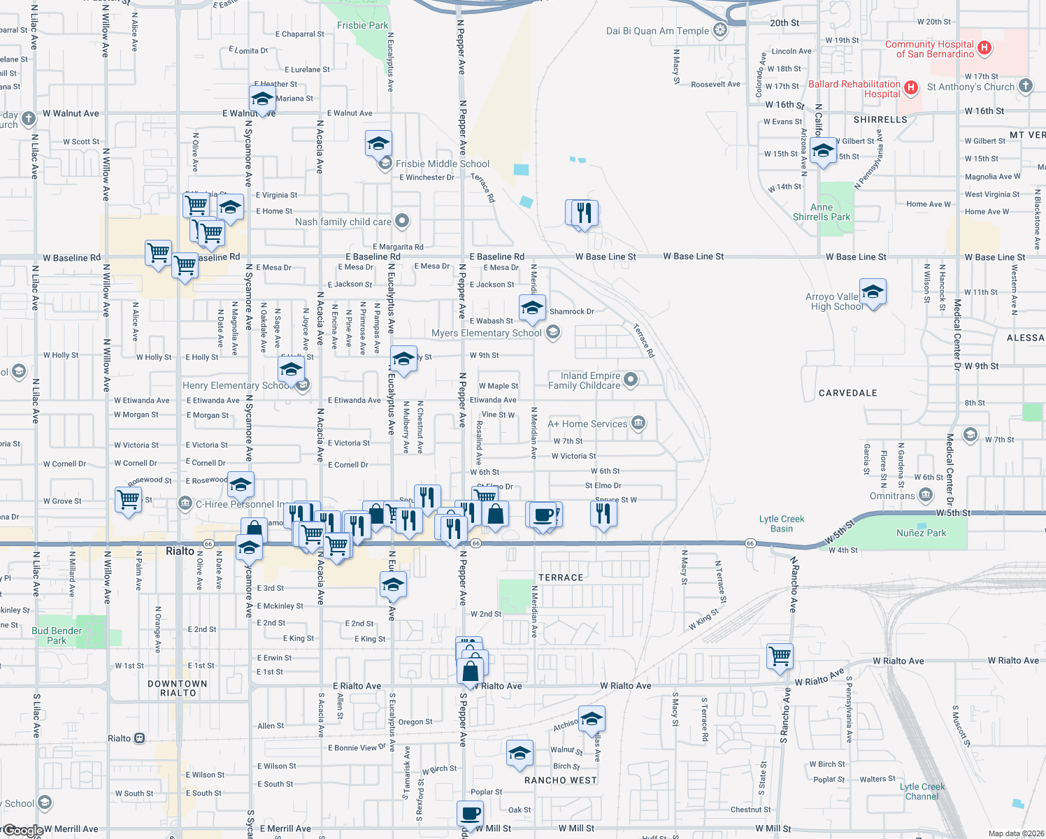map of restaurants, bars, coffee shops, grocery stores, and more near 773 North Belden Avenue in Rialto