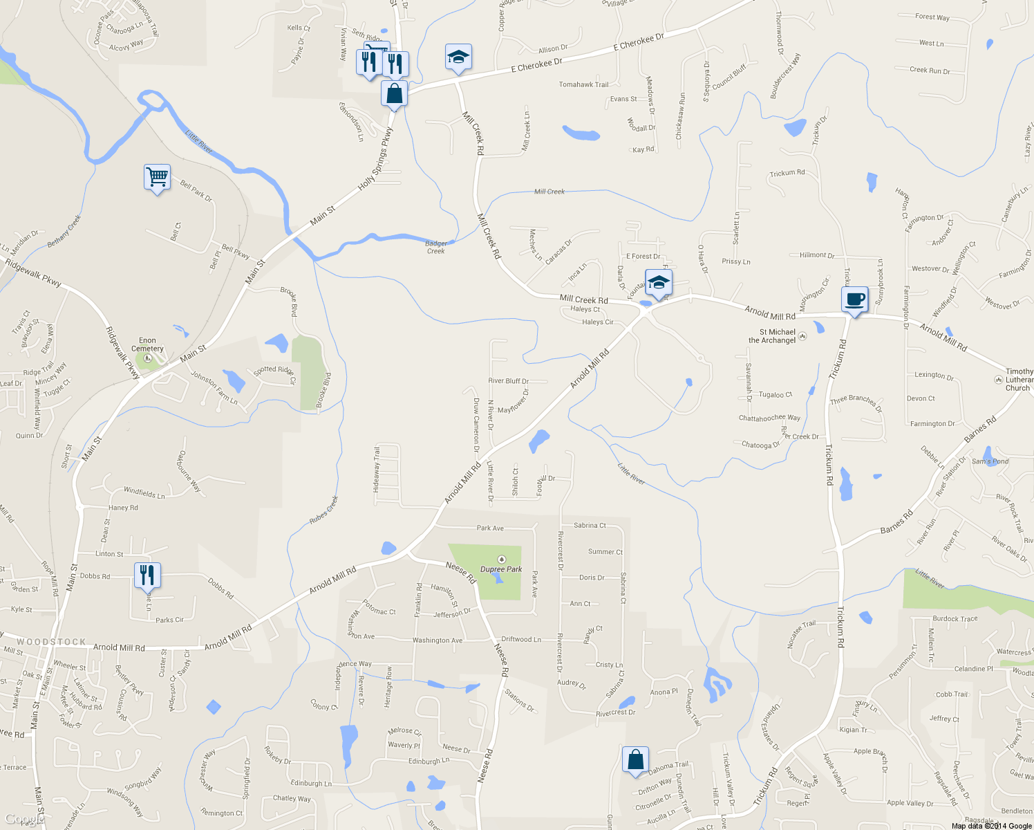 map of restaurants, bars, coffee shops, grocery stores, and more near 208 Mayflower Dr in Woodstock