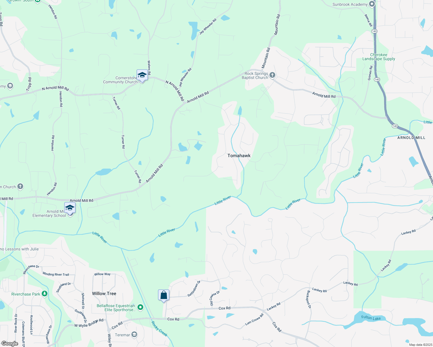 map of restaurants, bars, coffee shops, grocery stores, and more near 225 Nacoochee Drive in Woodstock