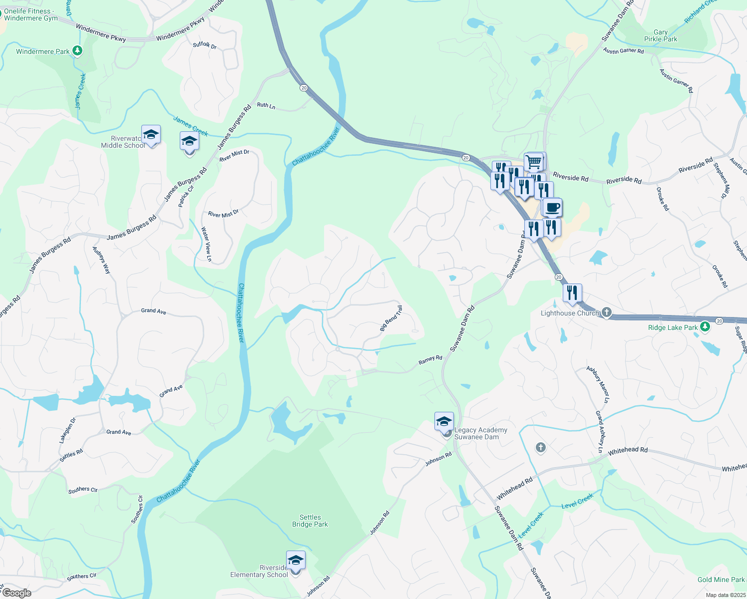 map of restaurants, bars, coffee shops, grocery stores, and more near 420 Big Bend Trail in Sugar Hill