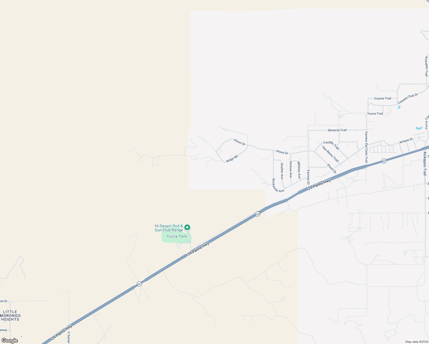 map of restaurants, bars, coffee shops, grocery stores, and more near 53791 Ridge Road in Yucca Valley