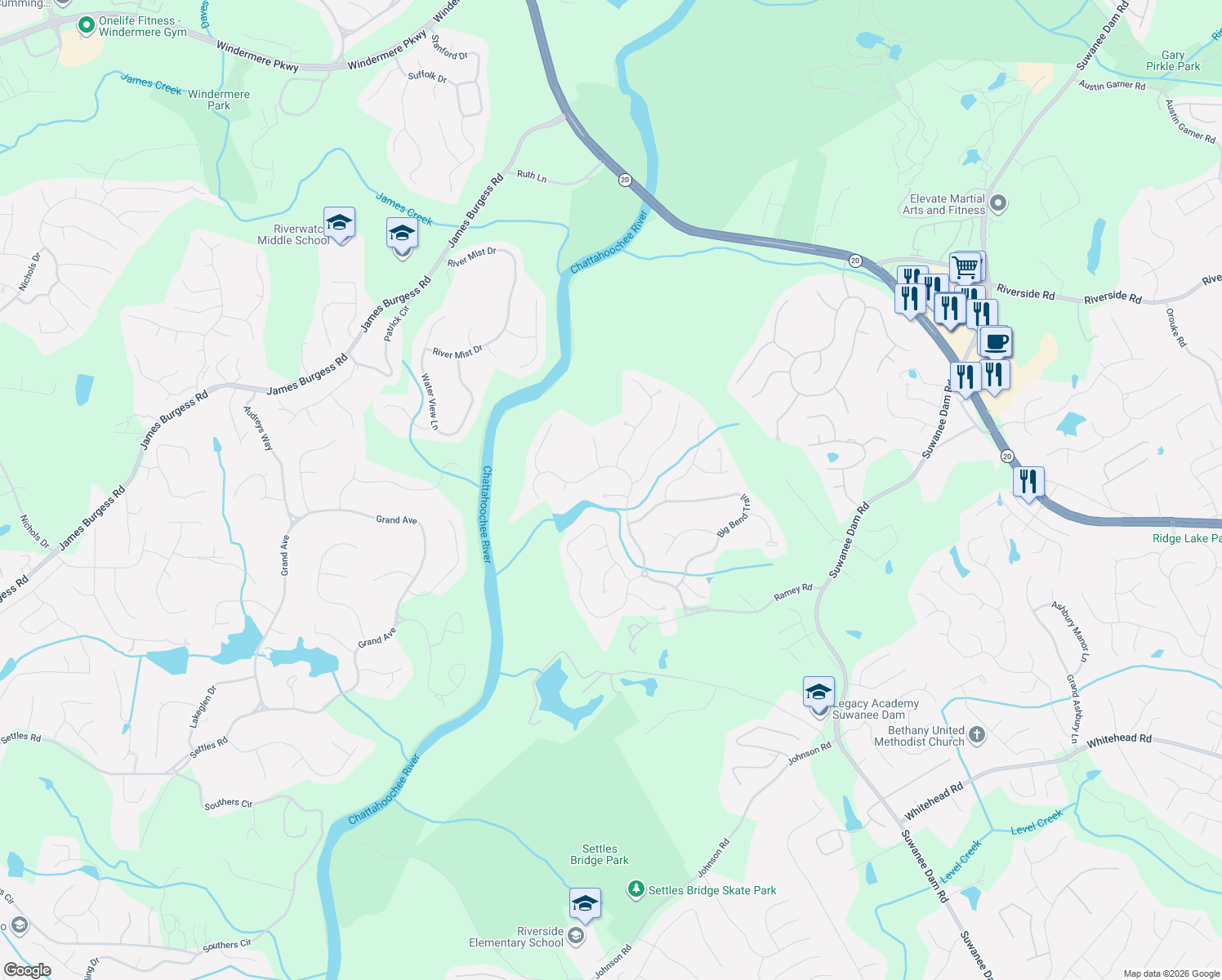 map of restaurants, bars, coffee shops, grocery stores, and more near 257 Lostwood Tr Northwest in Sugar Hill