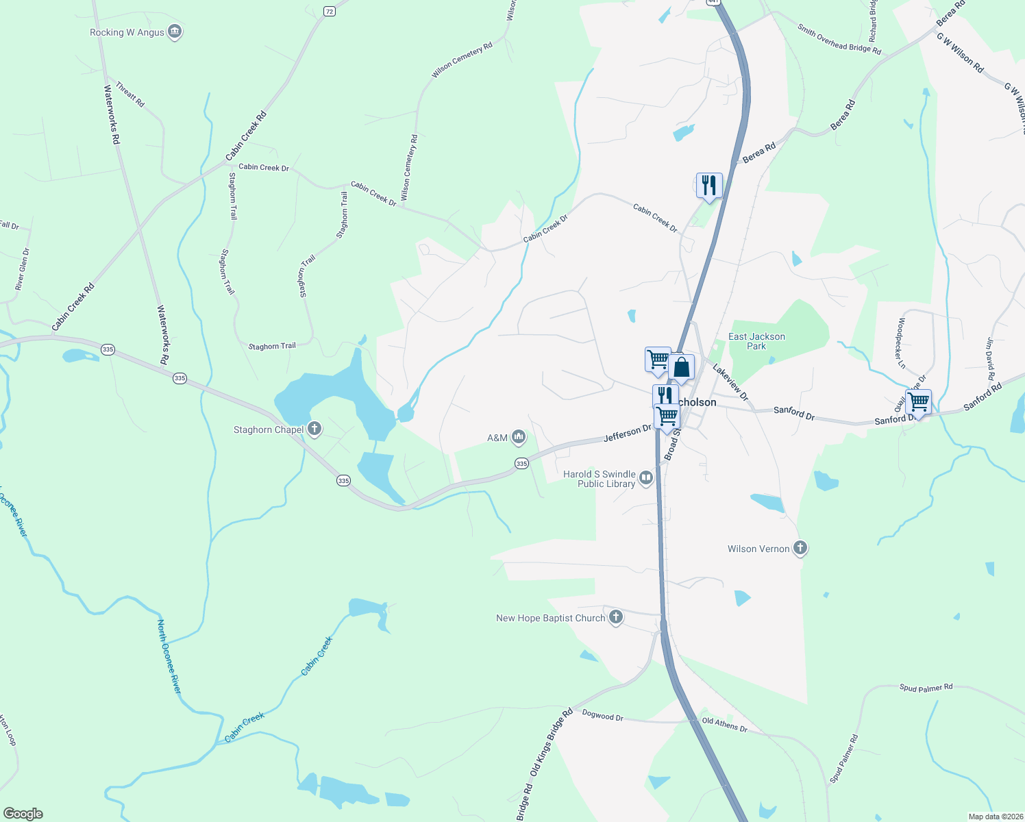 map of restaurants, bars, coffee shops, grocery stores, and more near 143 Rabbit Run in Nicholson