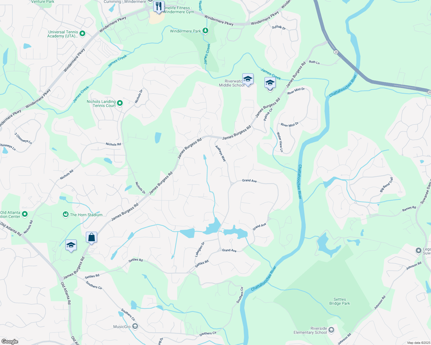 map of restaurants, bars, coffee shops, grocery stores, and more near 455 Firelite Lane in Suwanee