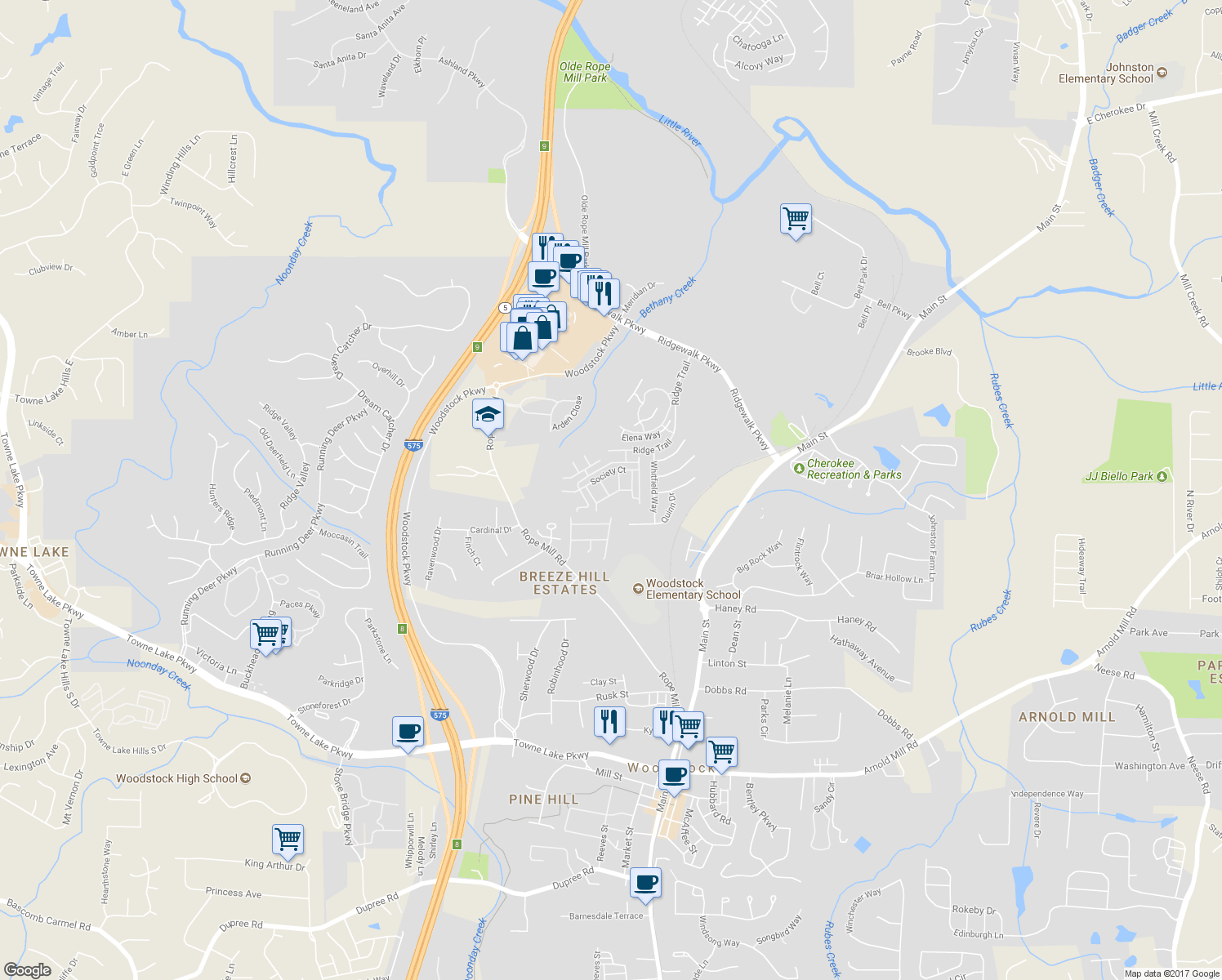 map of restaurants, bars, coffee shops, grocery stores, and more near 1417 Bay Overlook Drive in Woodstock