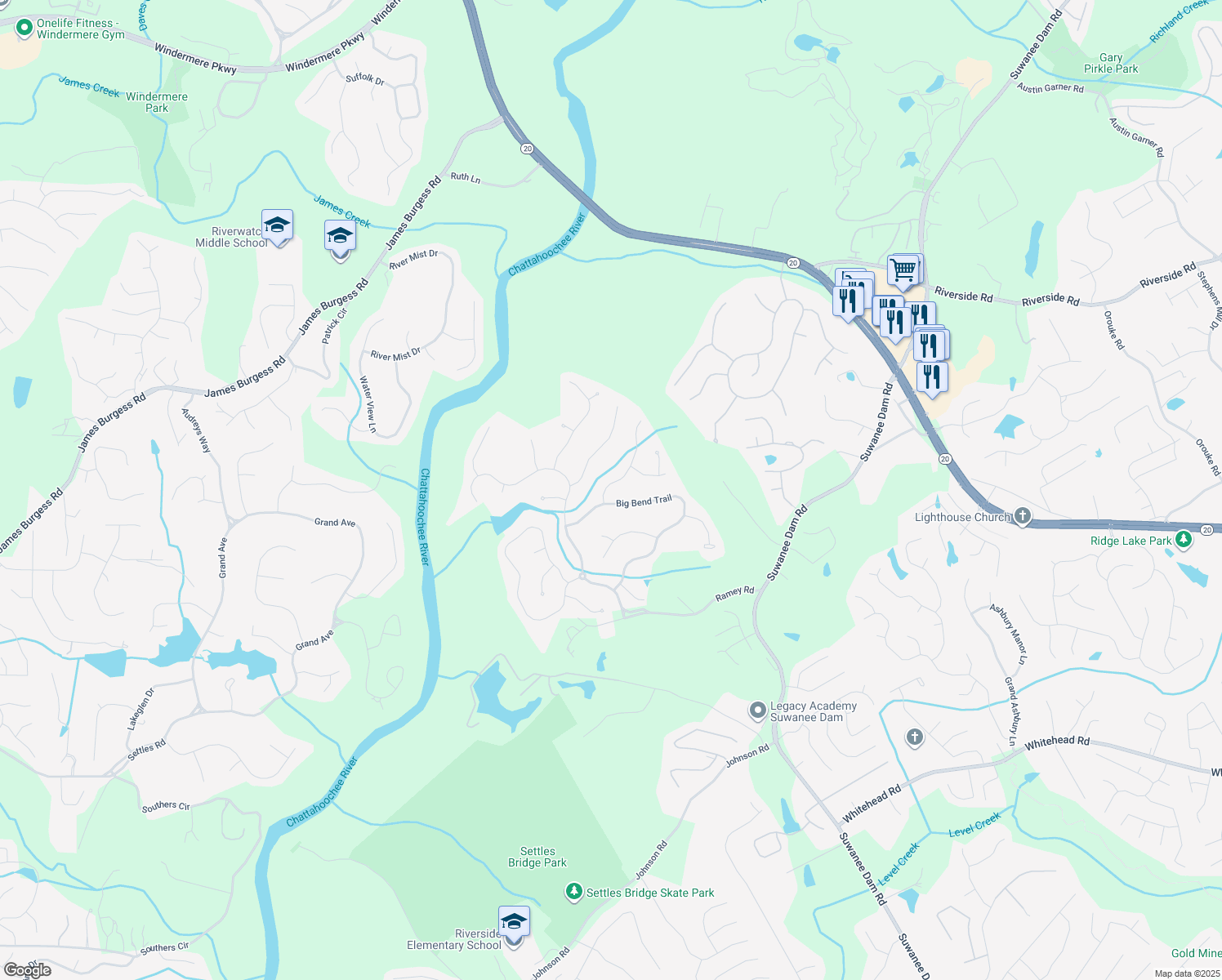 map of restaurants, bars, coffee shops, grocery stores, and more near 380 Big Bend Trail in Sugar Hill