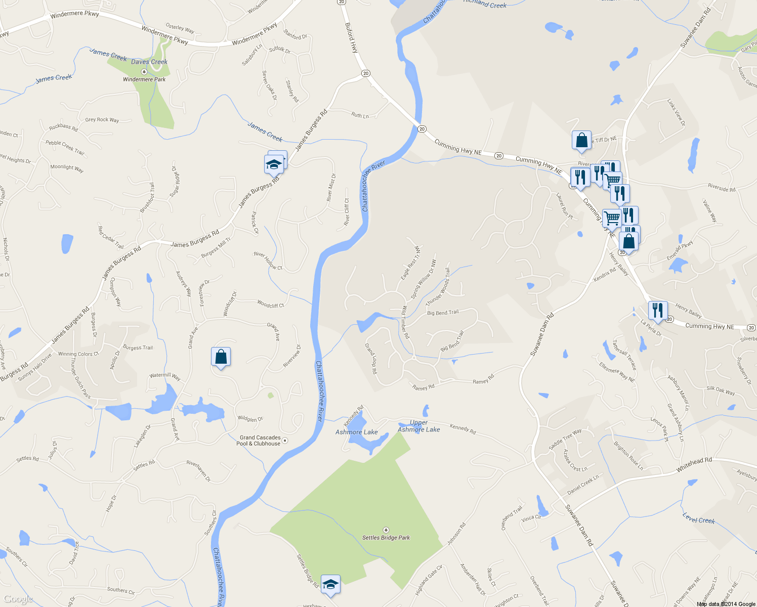 map of restaurants, bars, coffee shops, grocery stores, and more near 6110 Wild Timber Road in Sugar Hill