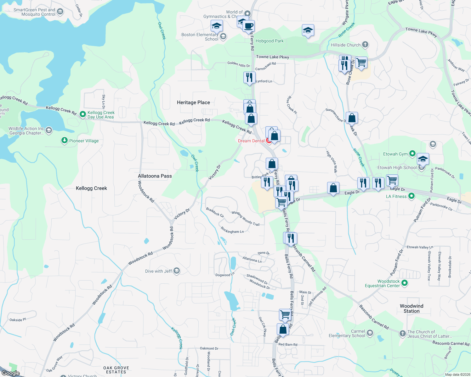 map of restaurants, bars, coffee shops, grocery stores, and more near 1628 Eagle Drive in Woodstock