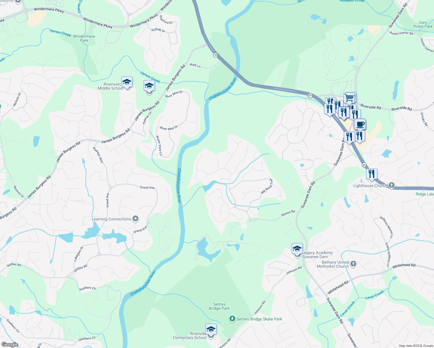 map of restaurants, bars, coffee shops, grocery stores, and more near 6095 Wild Timber Road in Sugar Hill