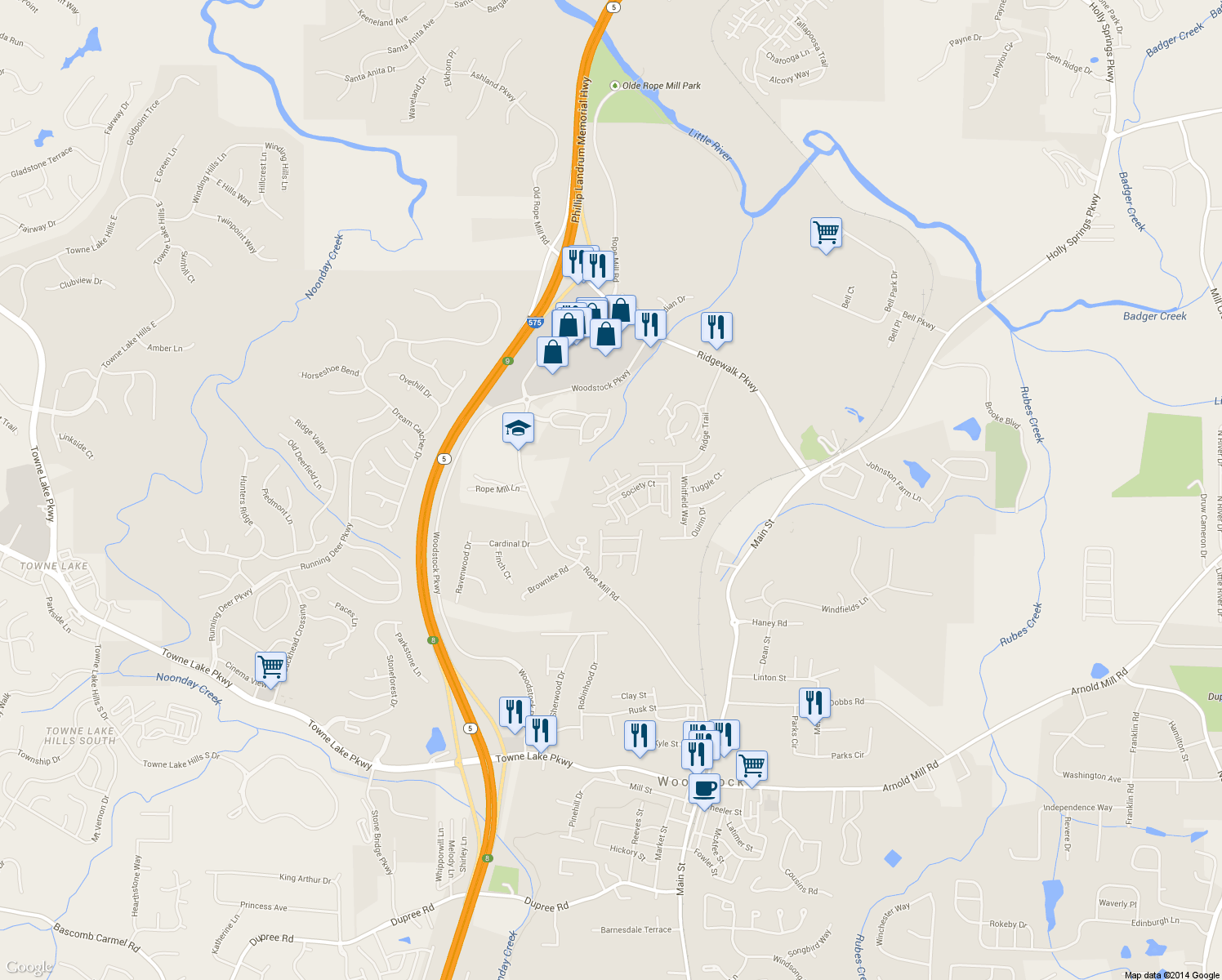 map of restaurants, bars, coffee shops, grocery stores, and more near 1122 Cotton Gin Drive in Woodstock